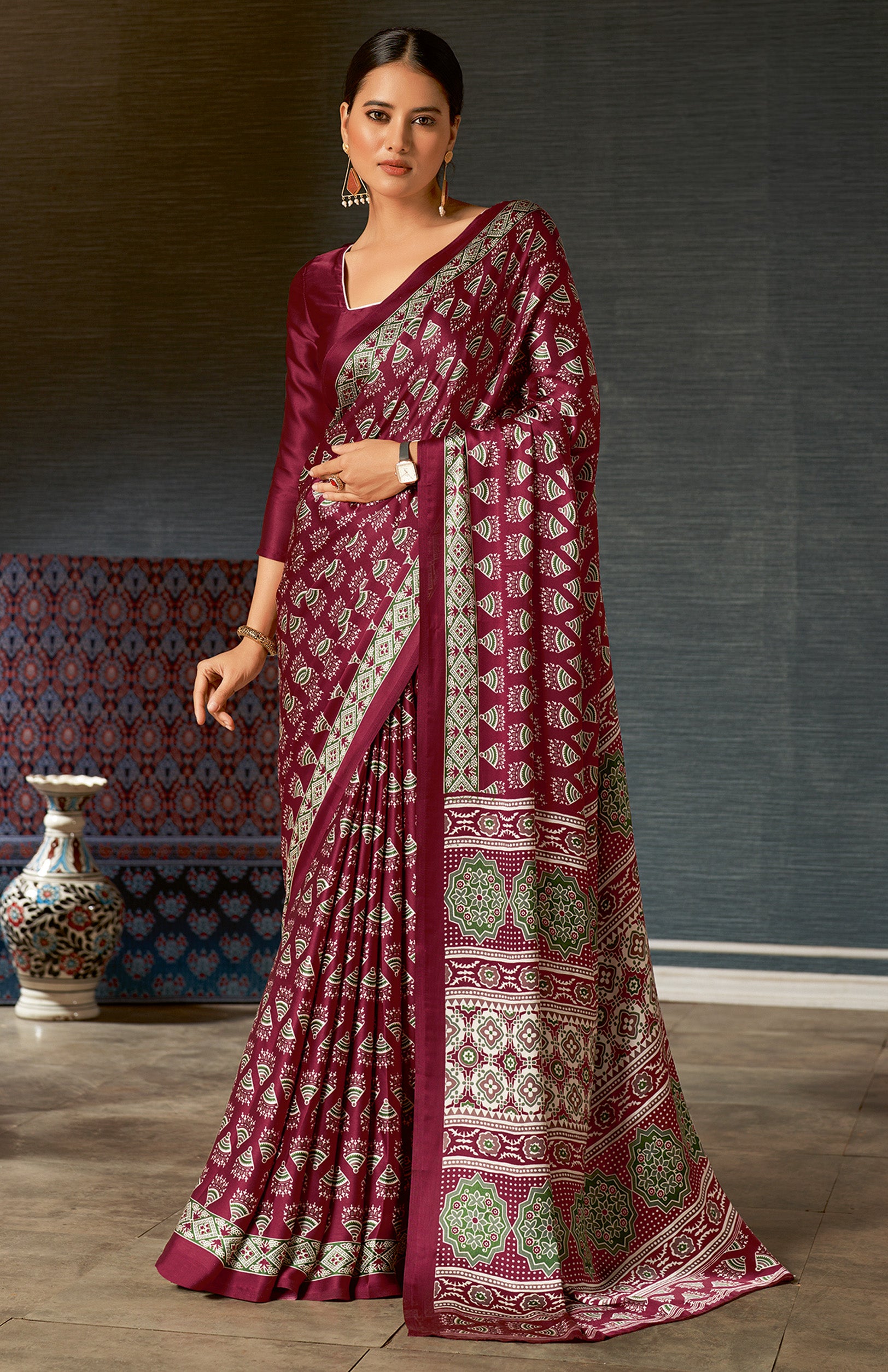 Elegant Maroon Ajrakh Saree