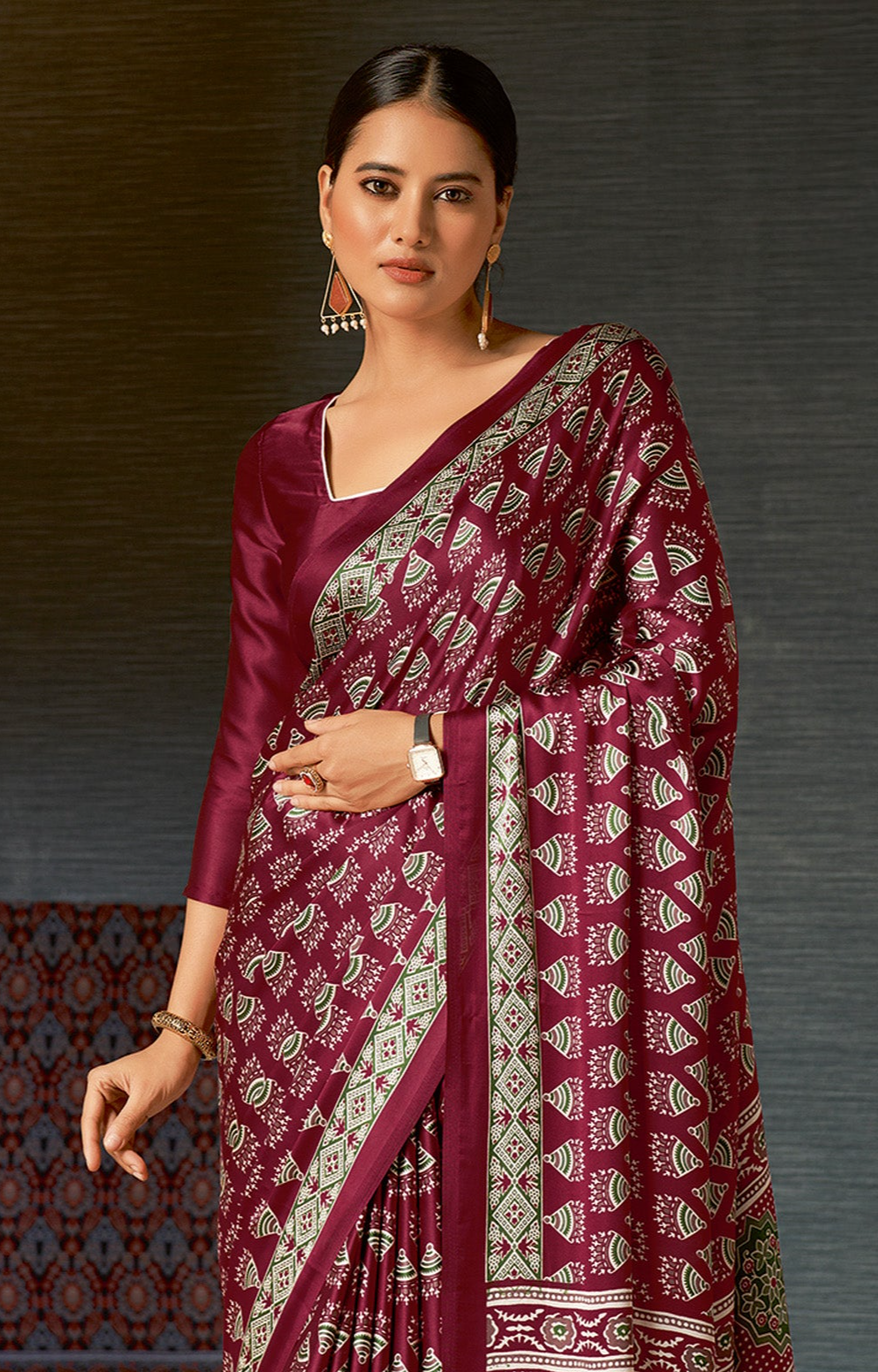 Elegant Maroon Ajrakh Saree