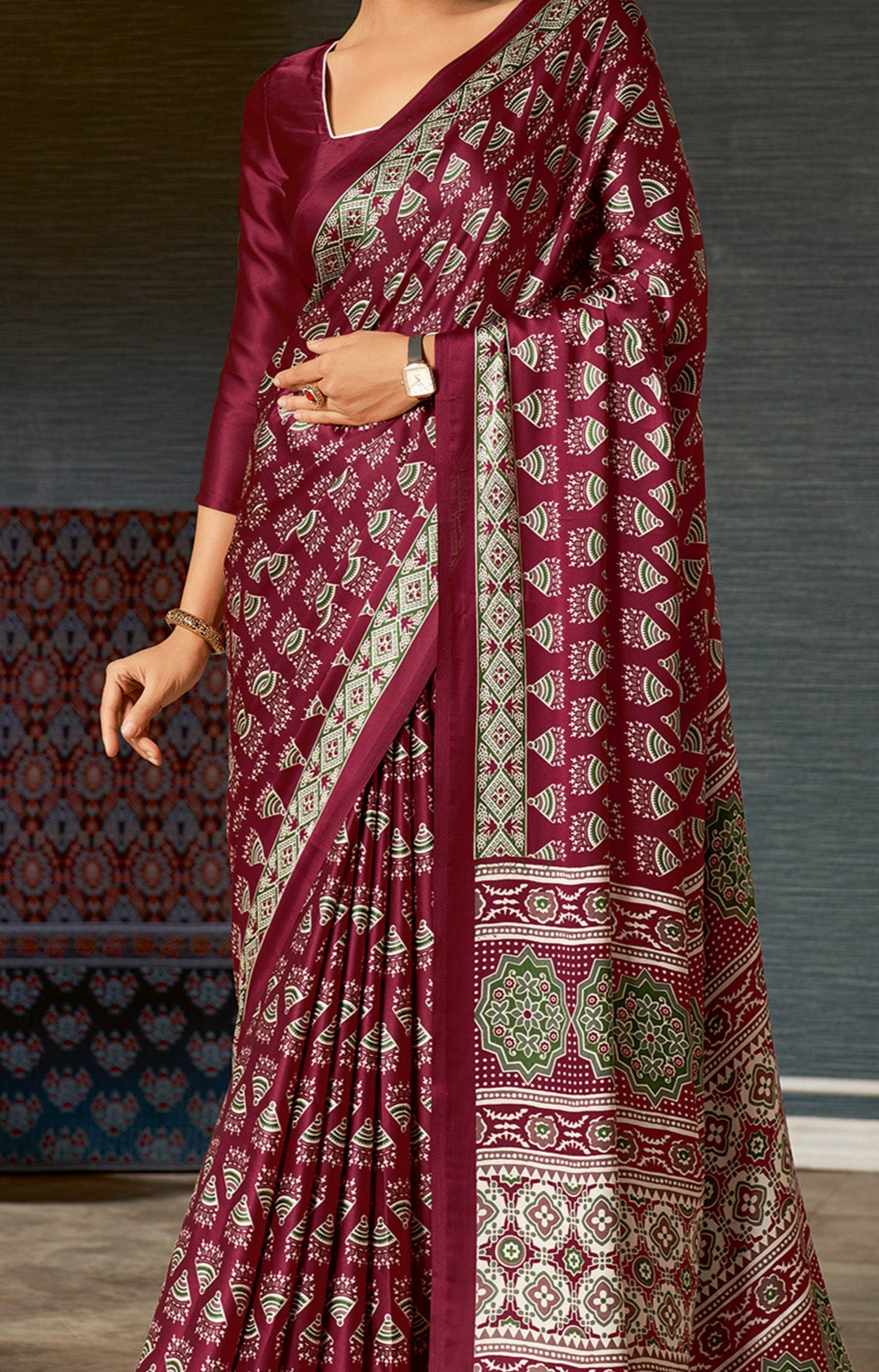 Elegant Maroon Ajrakh Saree