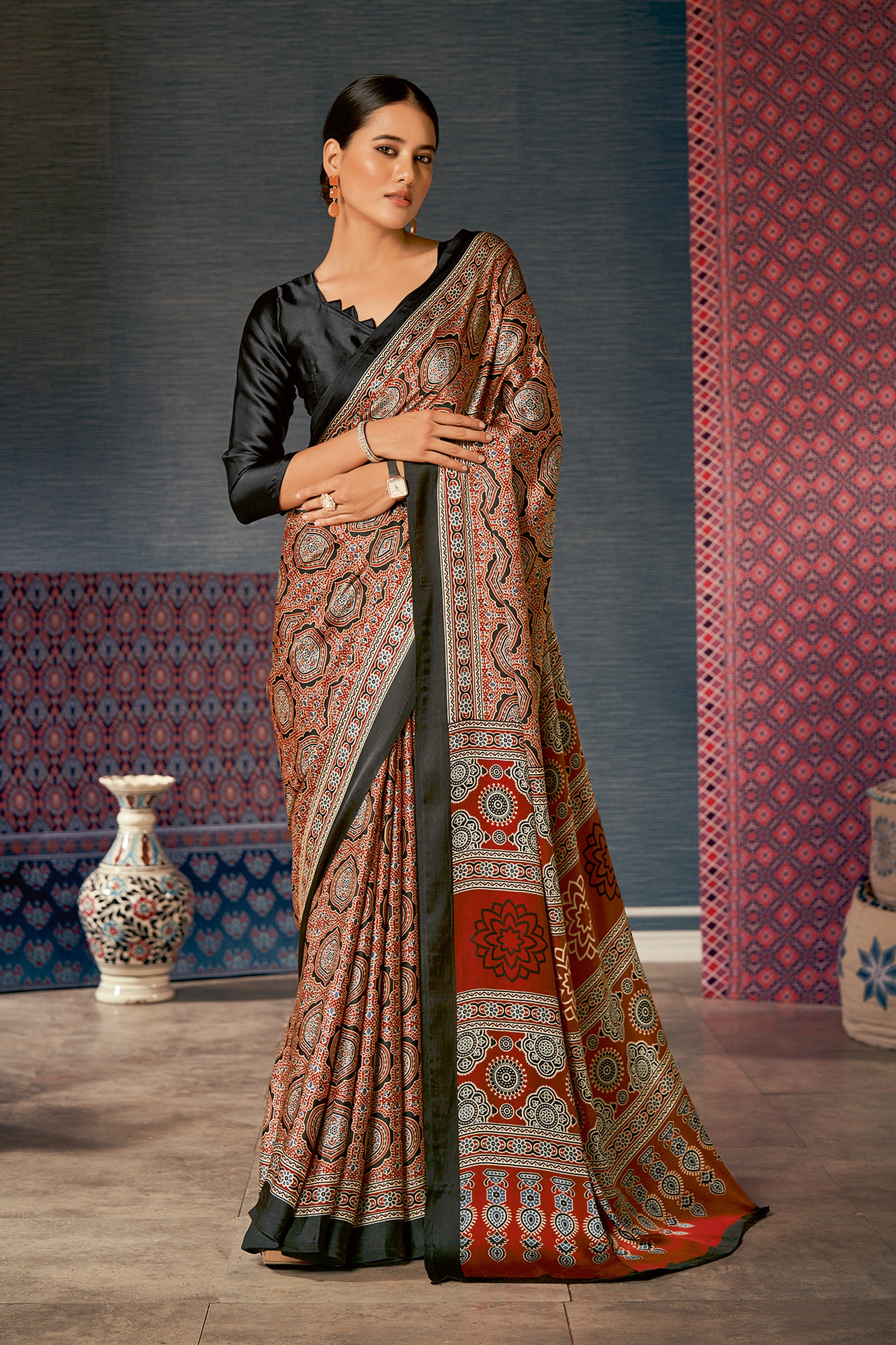 Elegant Black & Light Red Ajrakh Saree