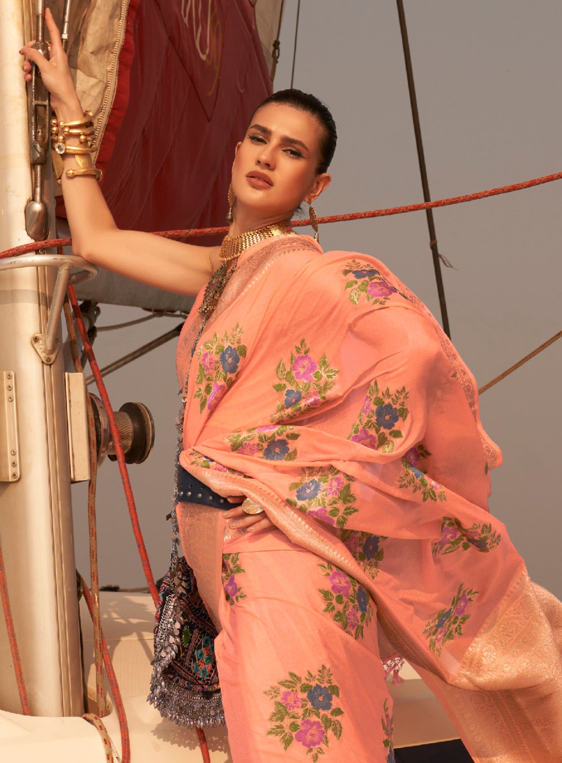 Radiant Peach Chinon Handloom Woven Silk Saree