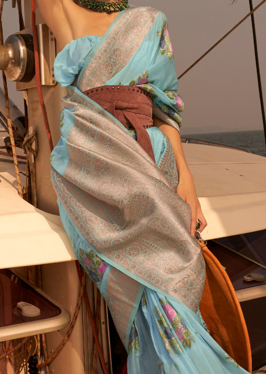 Serene Sky Blue Chinon Handloom Woven Silk Saree