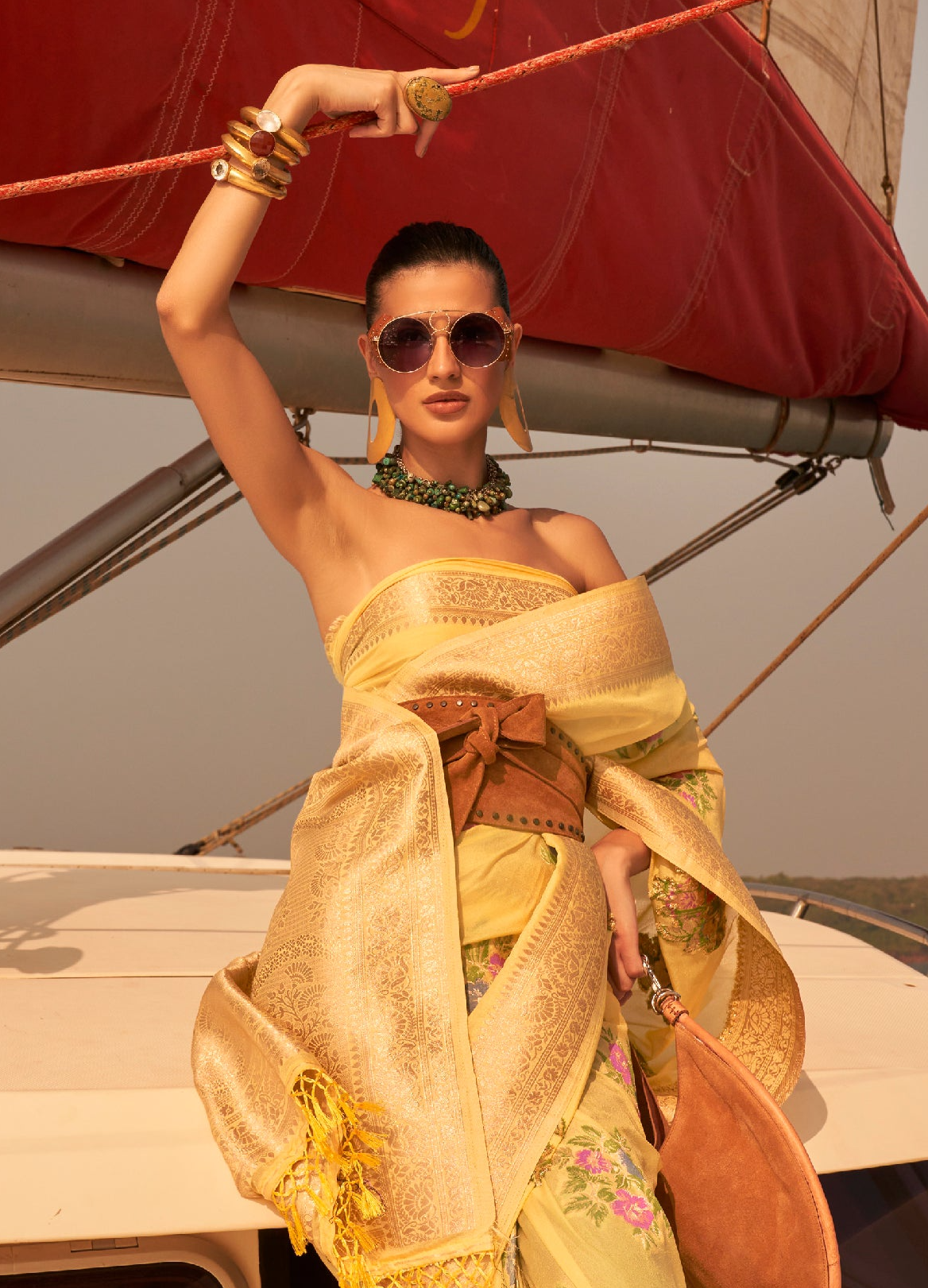 Vibrant Yellow Chinon Handloom Woven Silk Saree