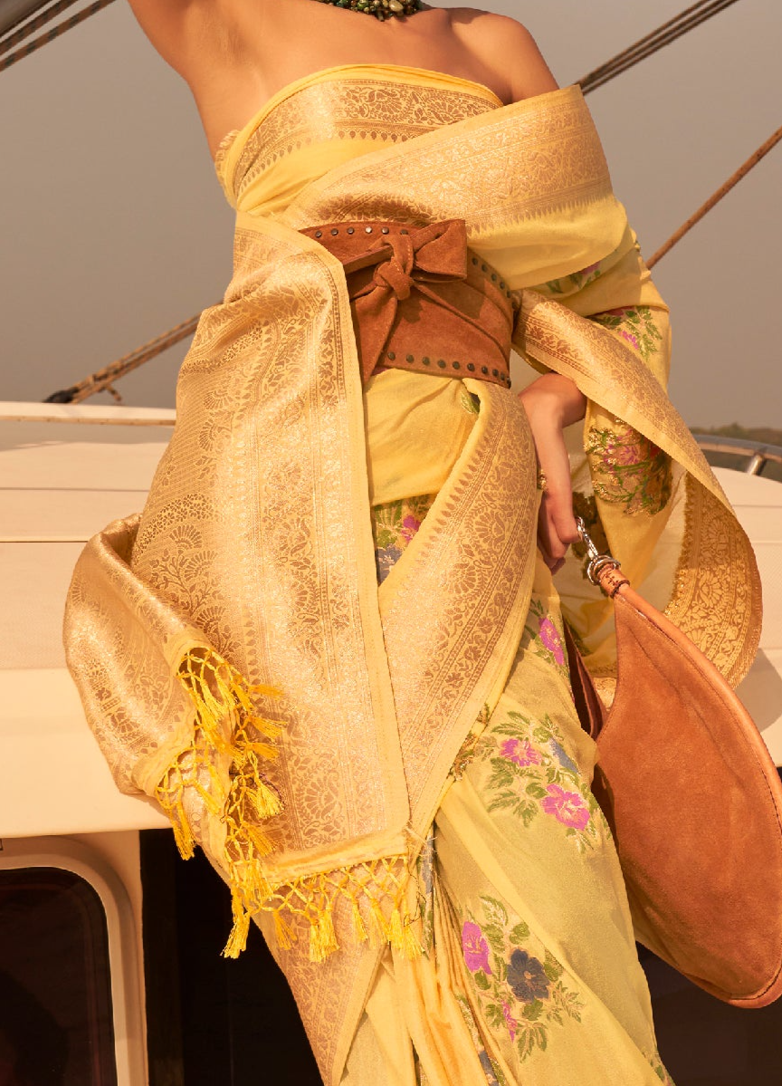 Vibrant Yellow Chinon Handloom Woven Silk Saree