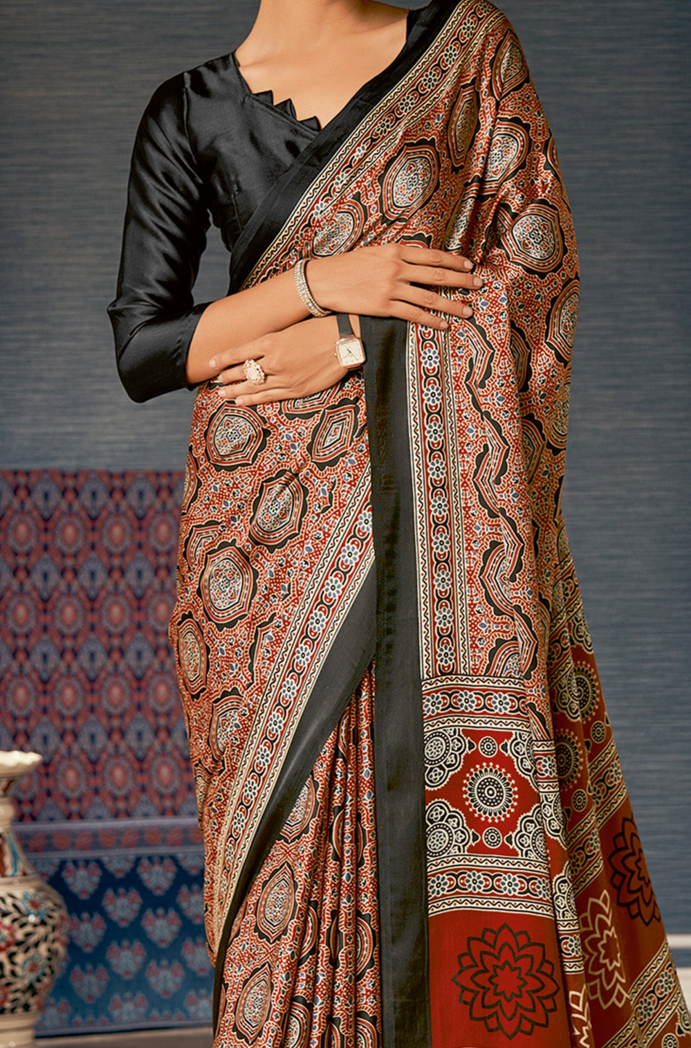 Elegant Black & Light Red Ajrakh Saree