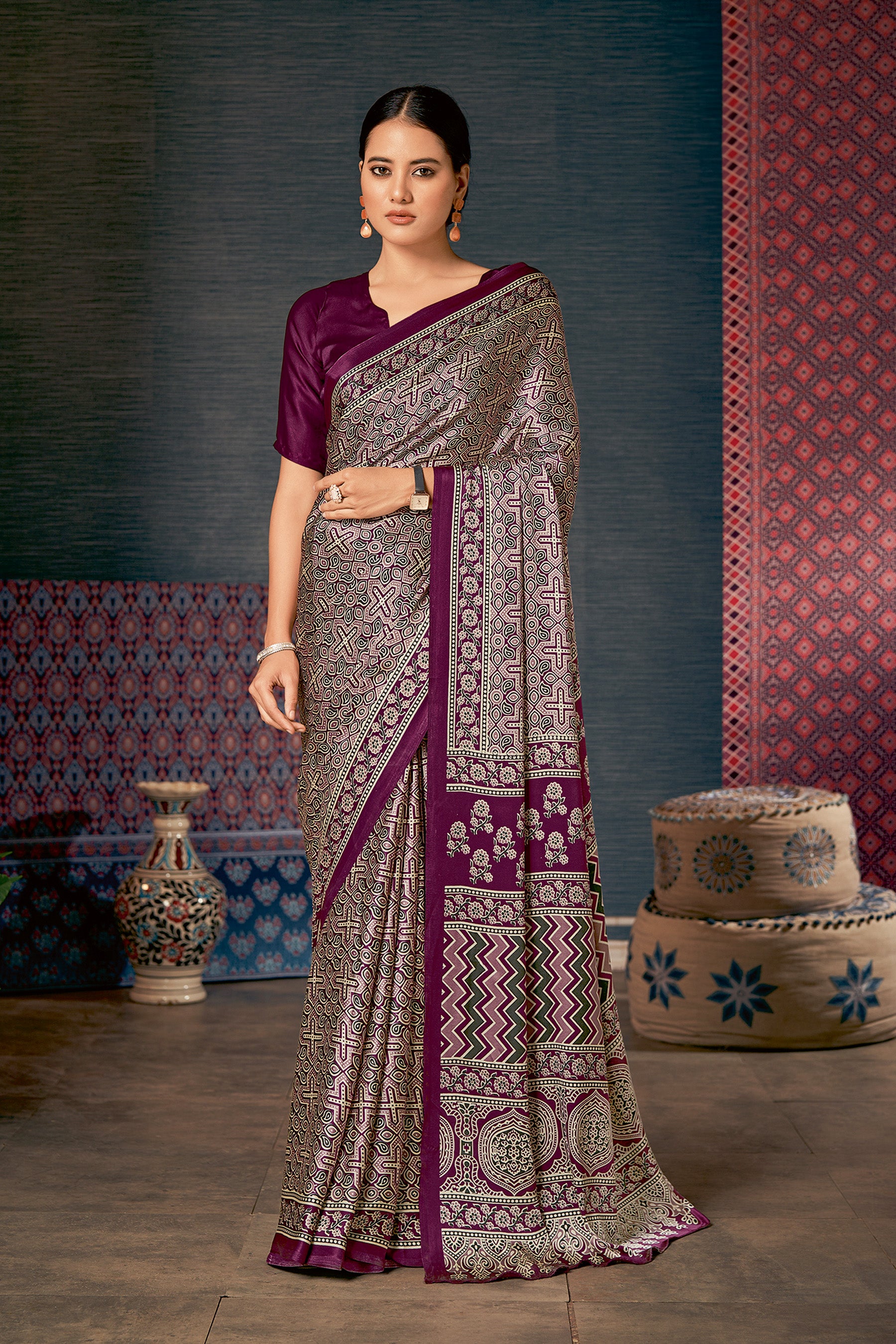 Elegant Dark Pink Ajrakh Saree