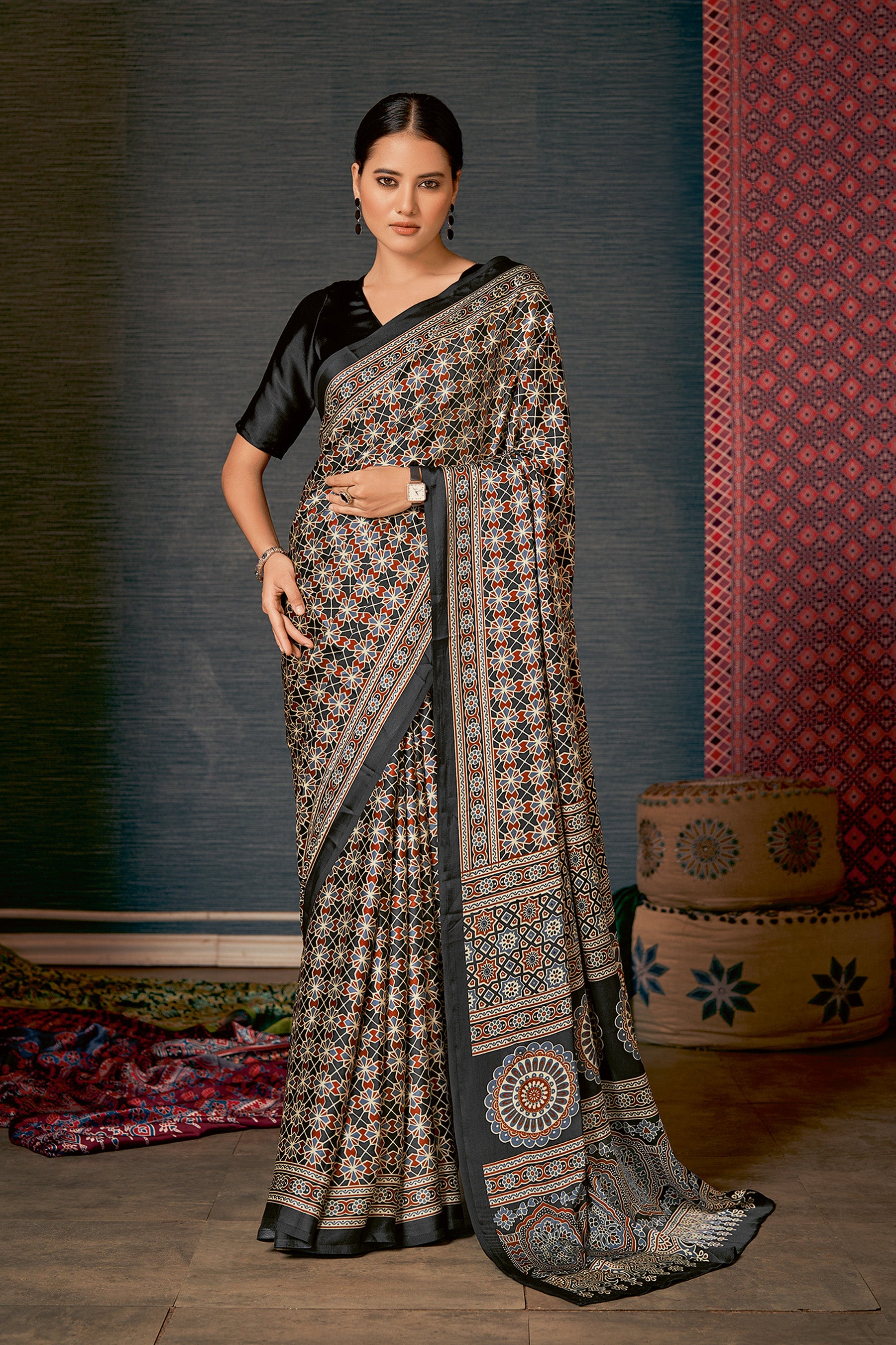 Elegant Black Floral Ajrakh Saree