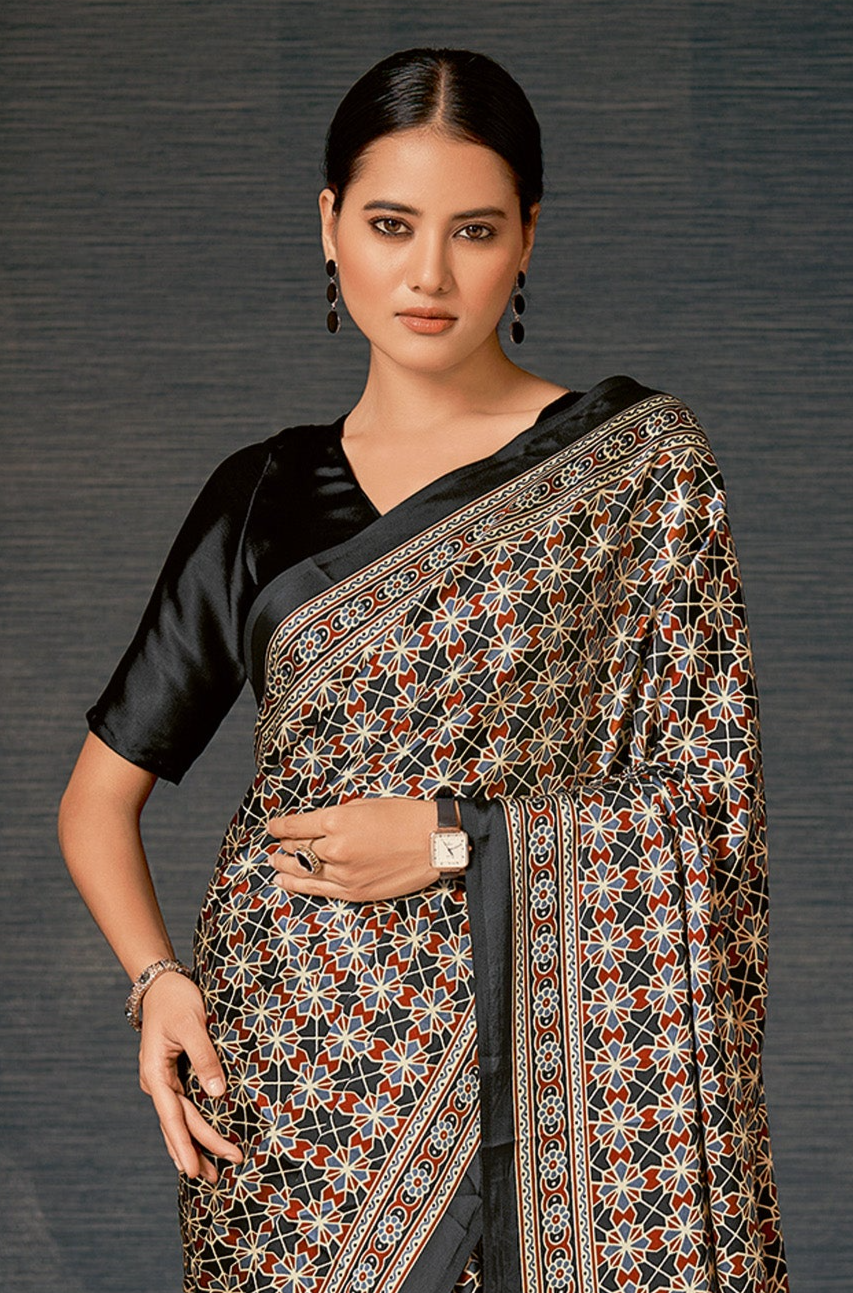 Elegant Black Floral Ajrakh Saree