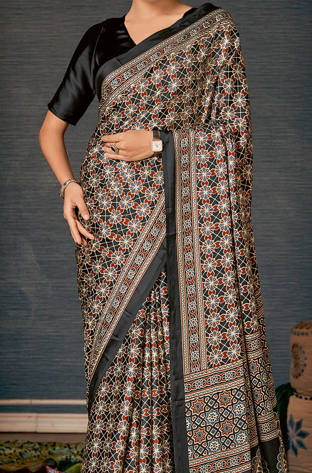 Elegant Black Floral Ajrakh Saree