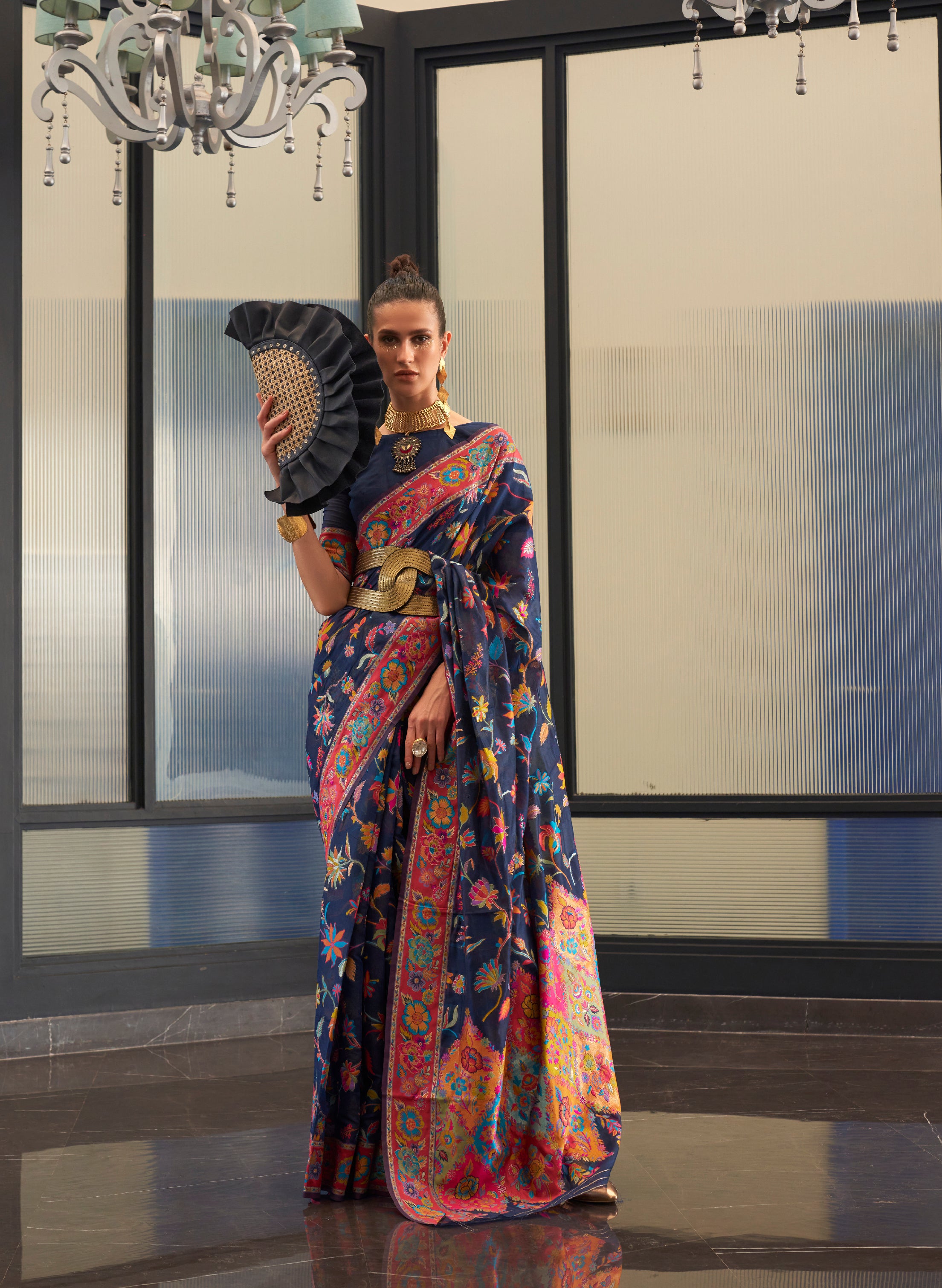 Majestic Royal Blue Jamewar Kashmiri Cotton Silk Saree