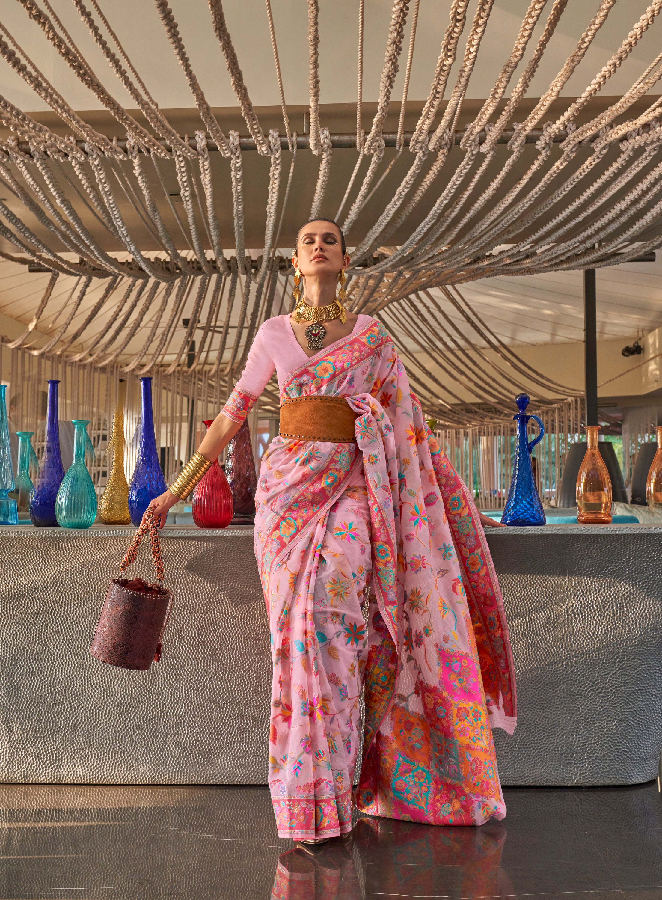 Delicate Light Pink Jamewar Kashmiri Cotton Silk Saree