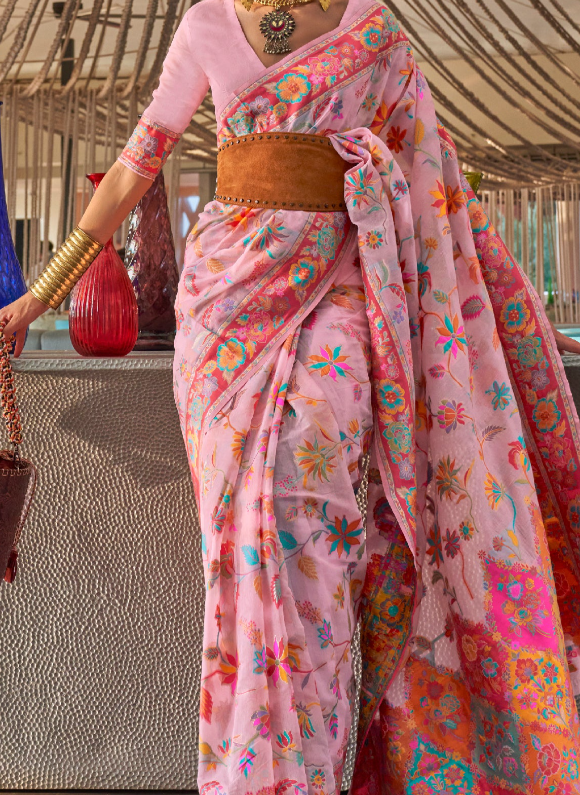 Delicate Light Pink Jamewar Kashmiri Cotton Silk Saree