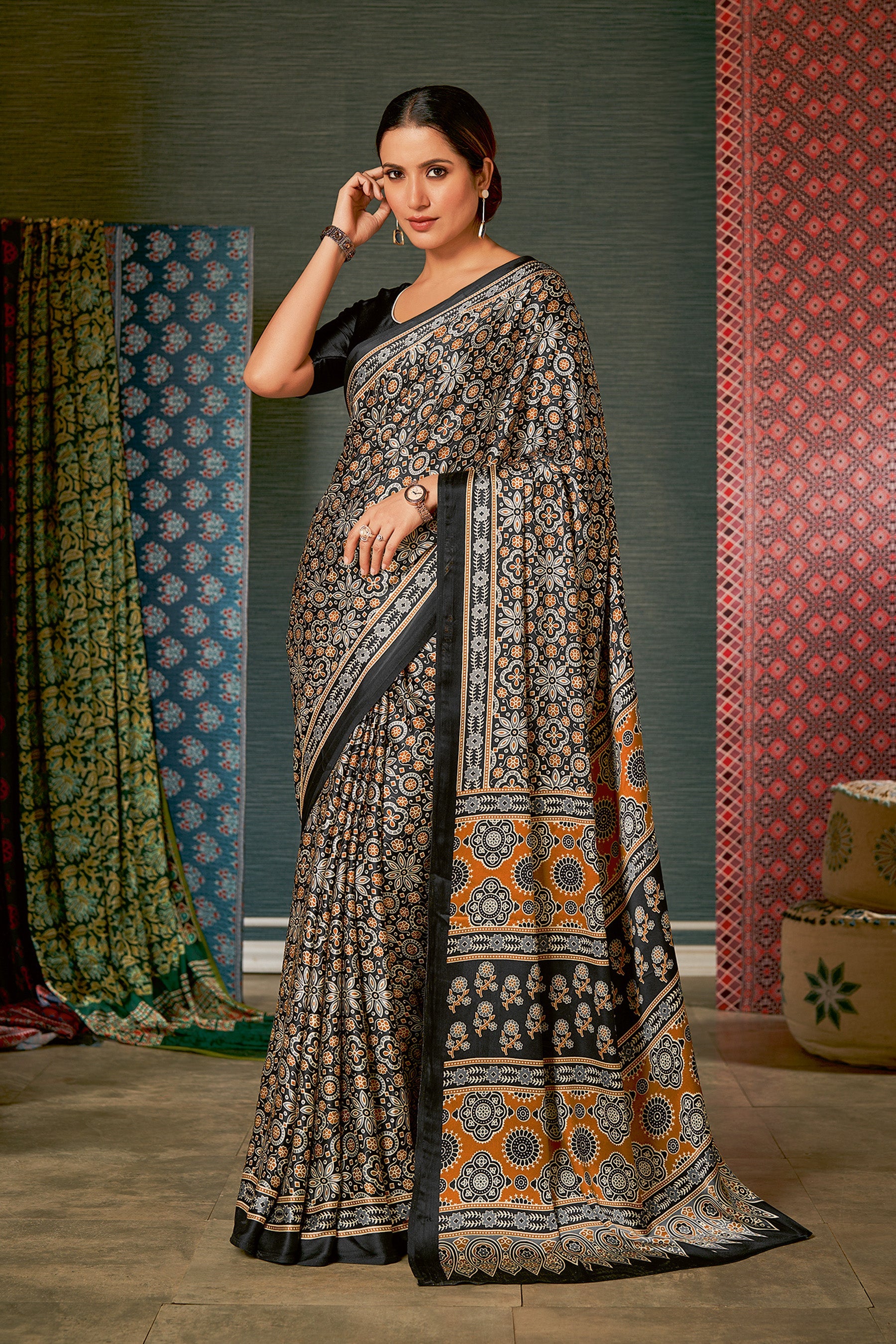 Elegant Grey Ajrakh Saree