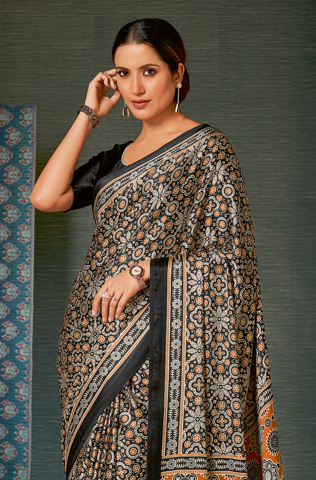 Elegant Grey Ajrakh Saree