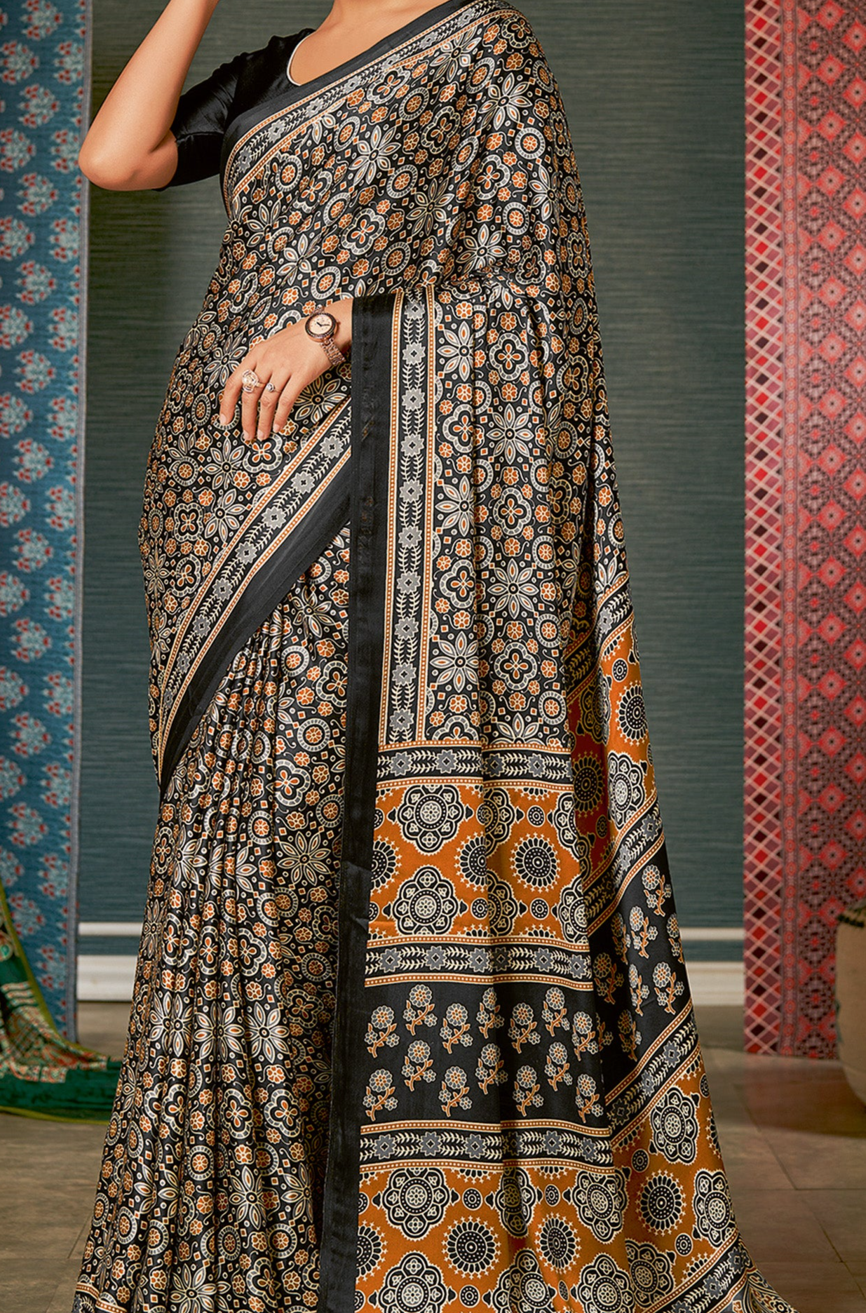 Elegant Grey Ajrakh Saree