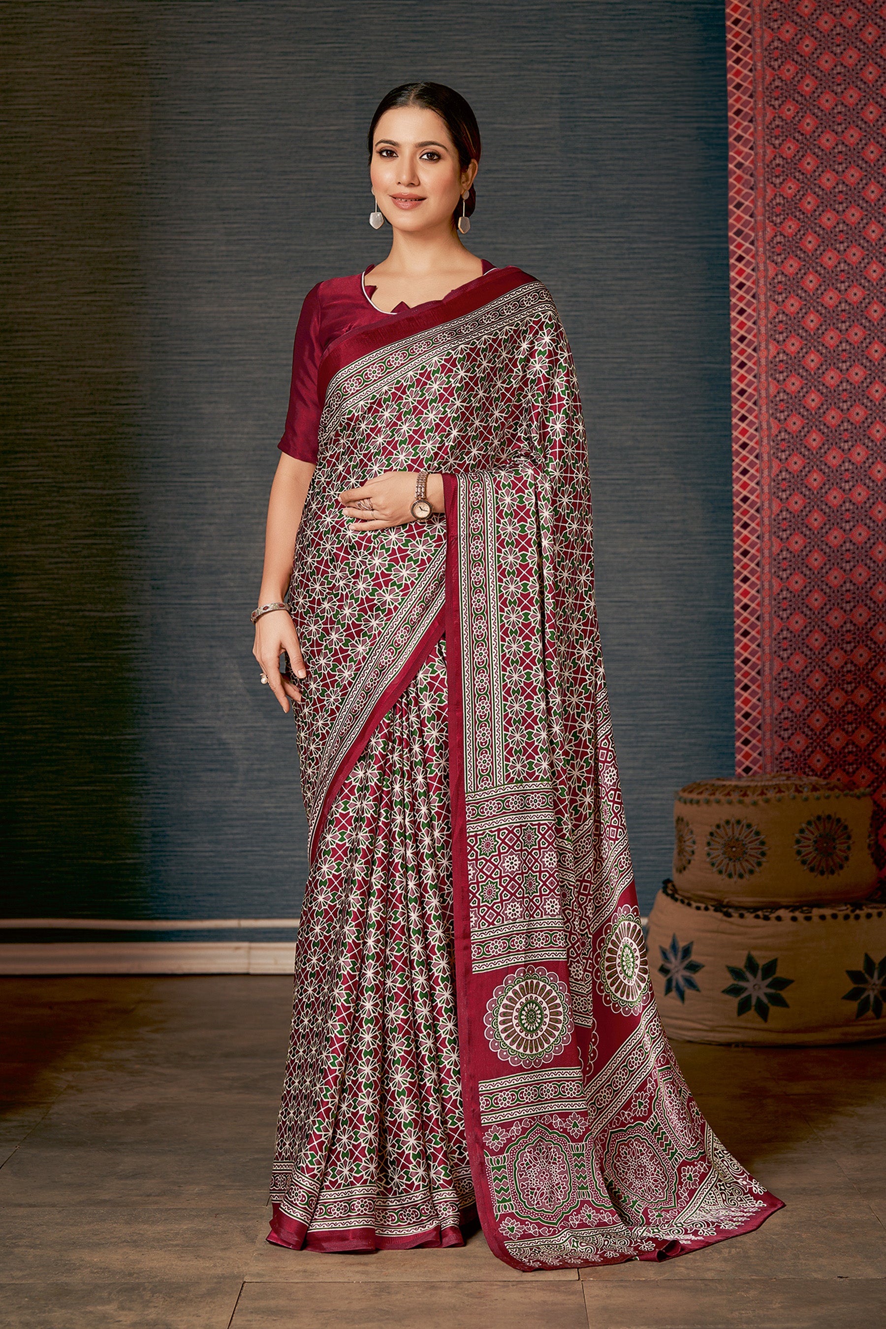 Elegant Dark Pink Ajrakh Saree