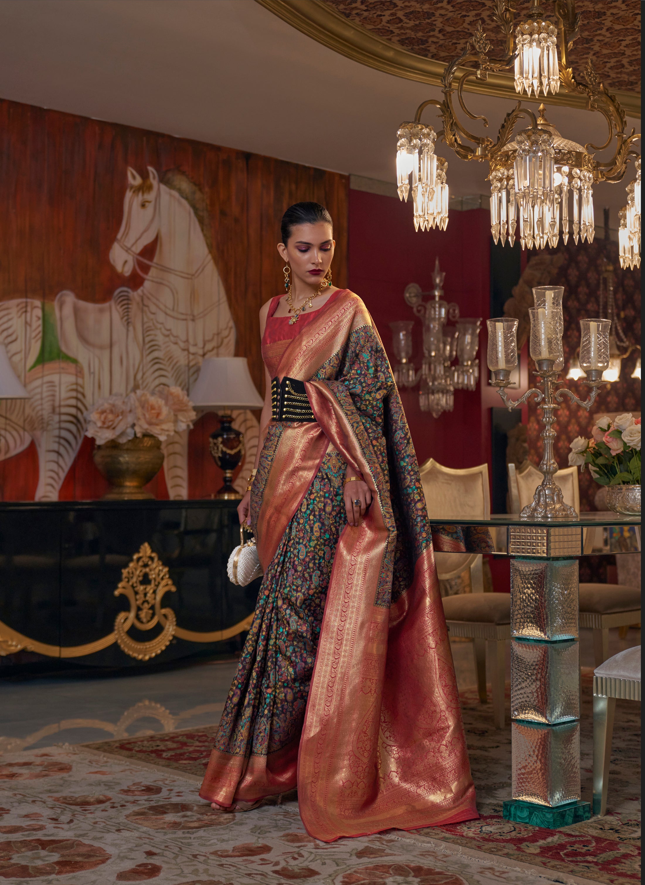 Coral Charm Kashmiri Jamewar Silk Saree