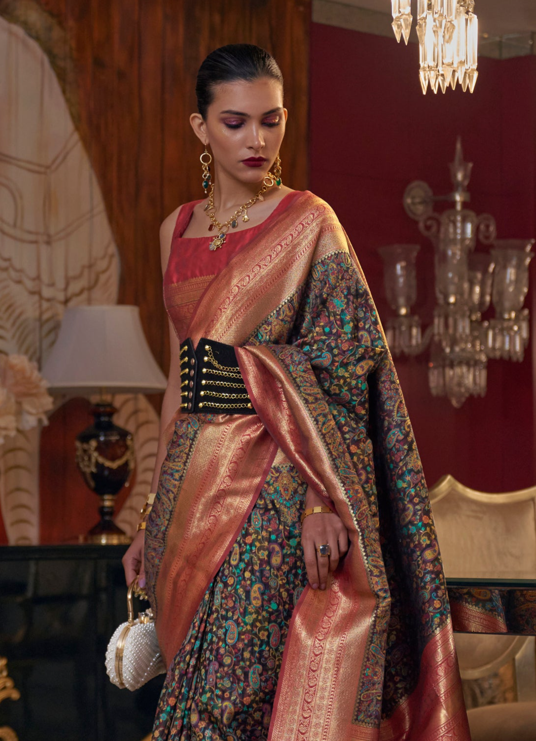 Coral Charm Kashmiri Jamewar Silk Saree