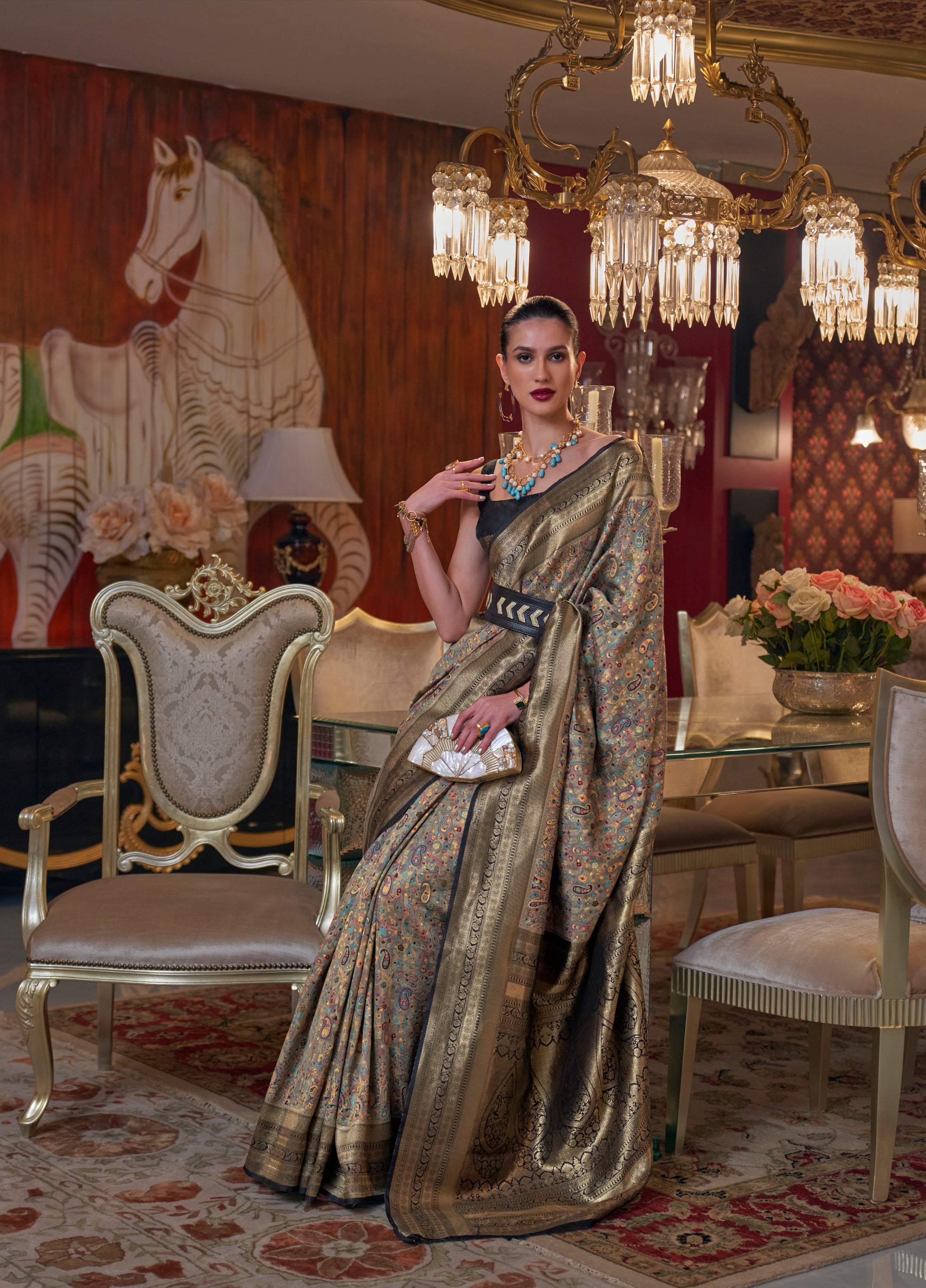 Faded Golden Kashmiri Jamewar Silk Saree