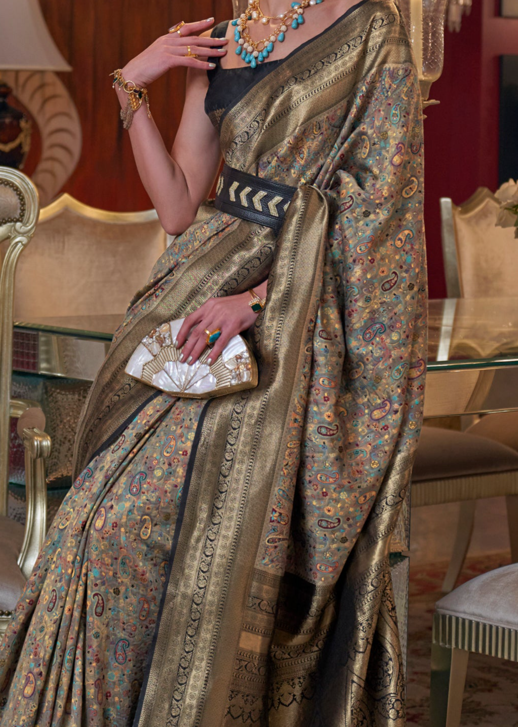 Faded Golden Kashmiri Jamewar Silk Saree