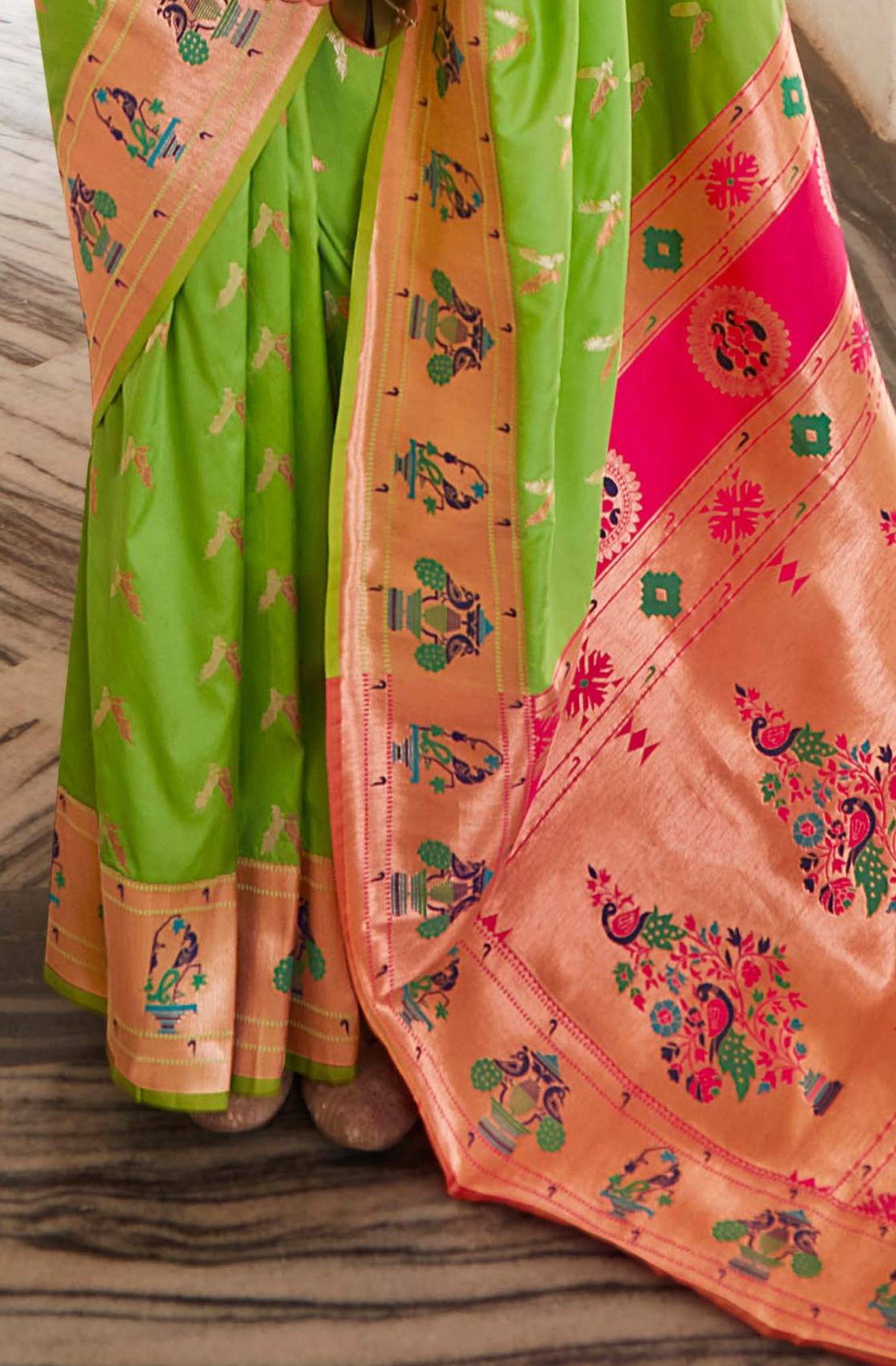 Pistachio Green and Pink Zari Woven Paithani Silk Saree