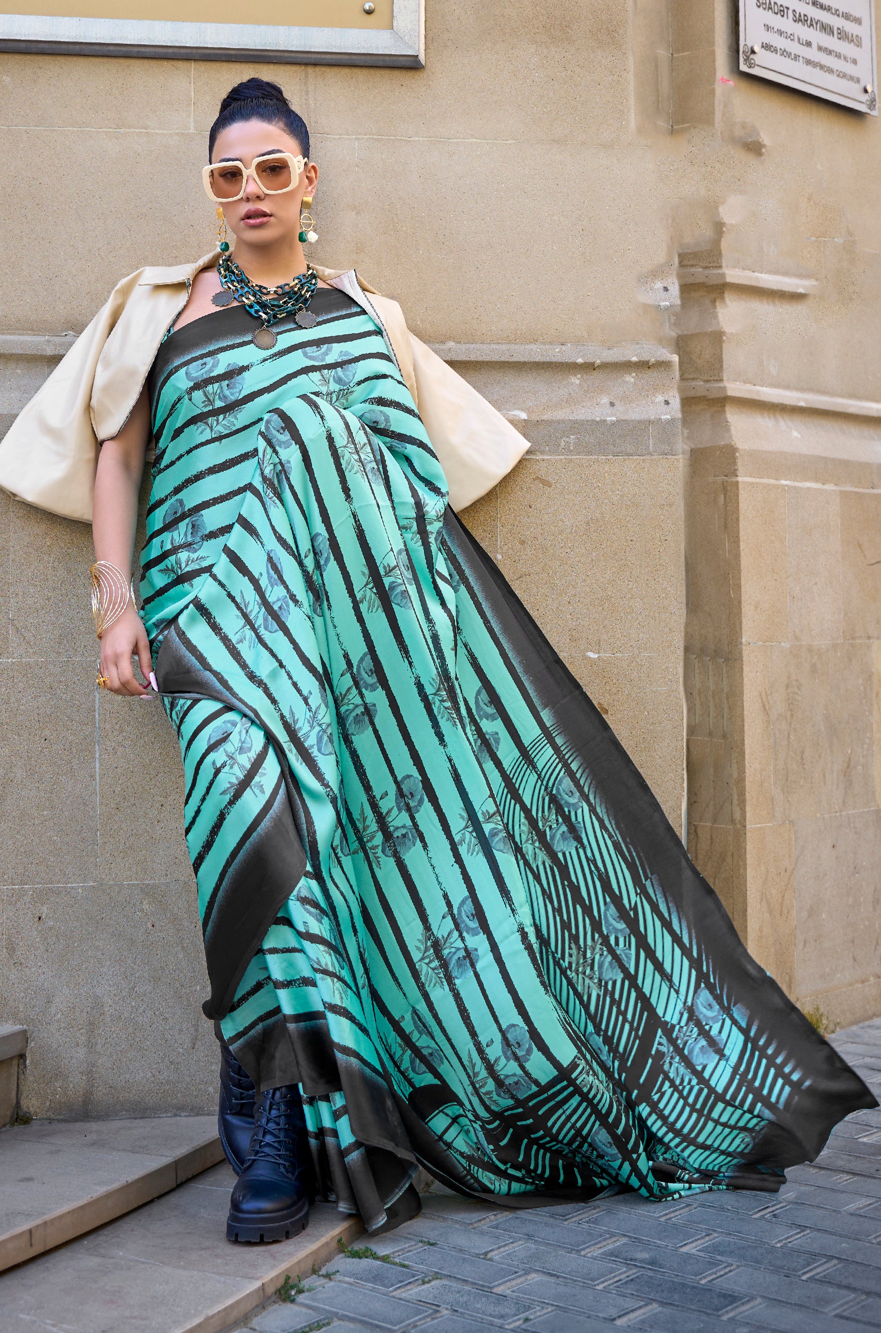 Serene Sky Green Woven Lucknowi Chikankari Saree