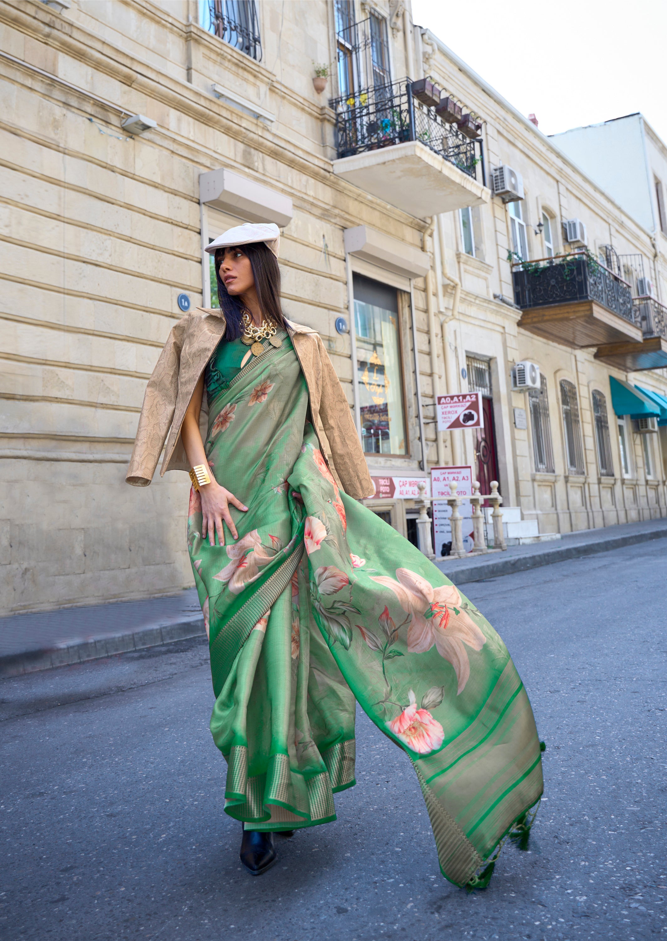 Tranquil Green Organza Printed Satin Silk Saree