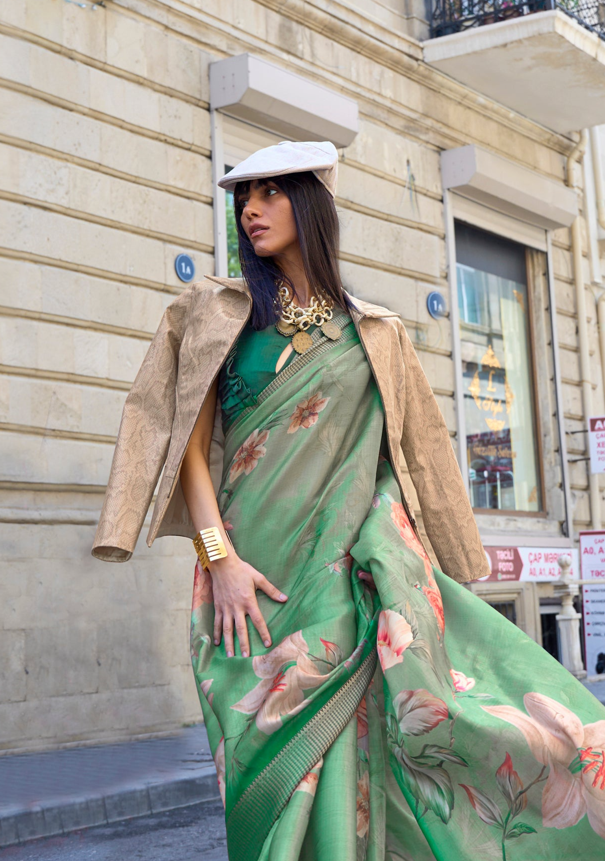 Tranquil Green Organza Printed Satin Silk Saree