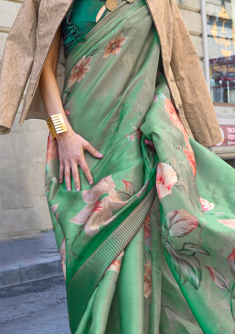 Tranquil Green Organza Printed Satin Silk Saree