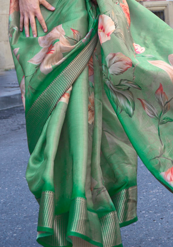 Tranquil Green Organza Printed Satin Silk Saree