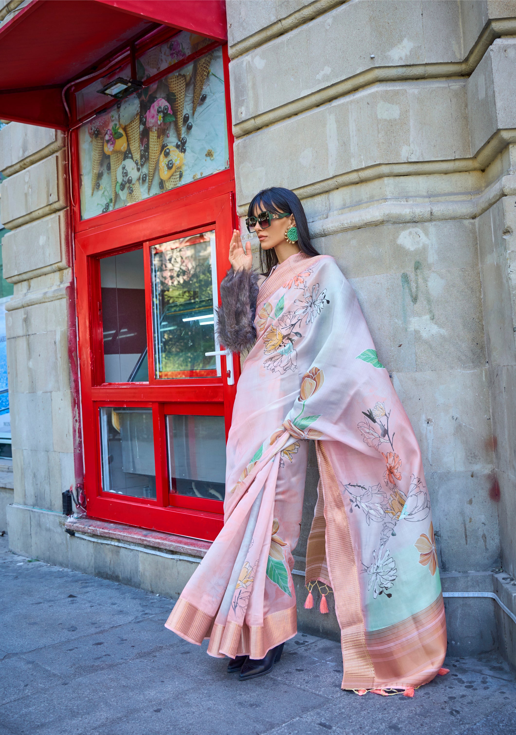 Multi-colored Organza Printed Satin Silk Saree