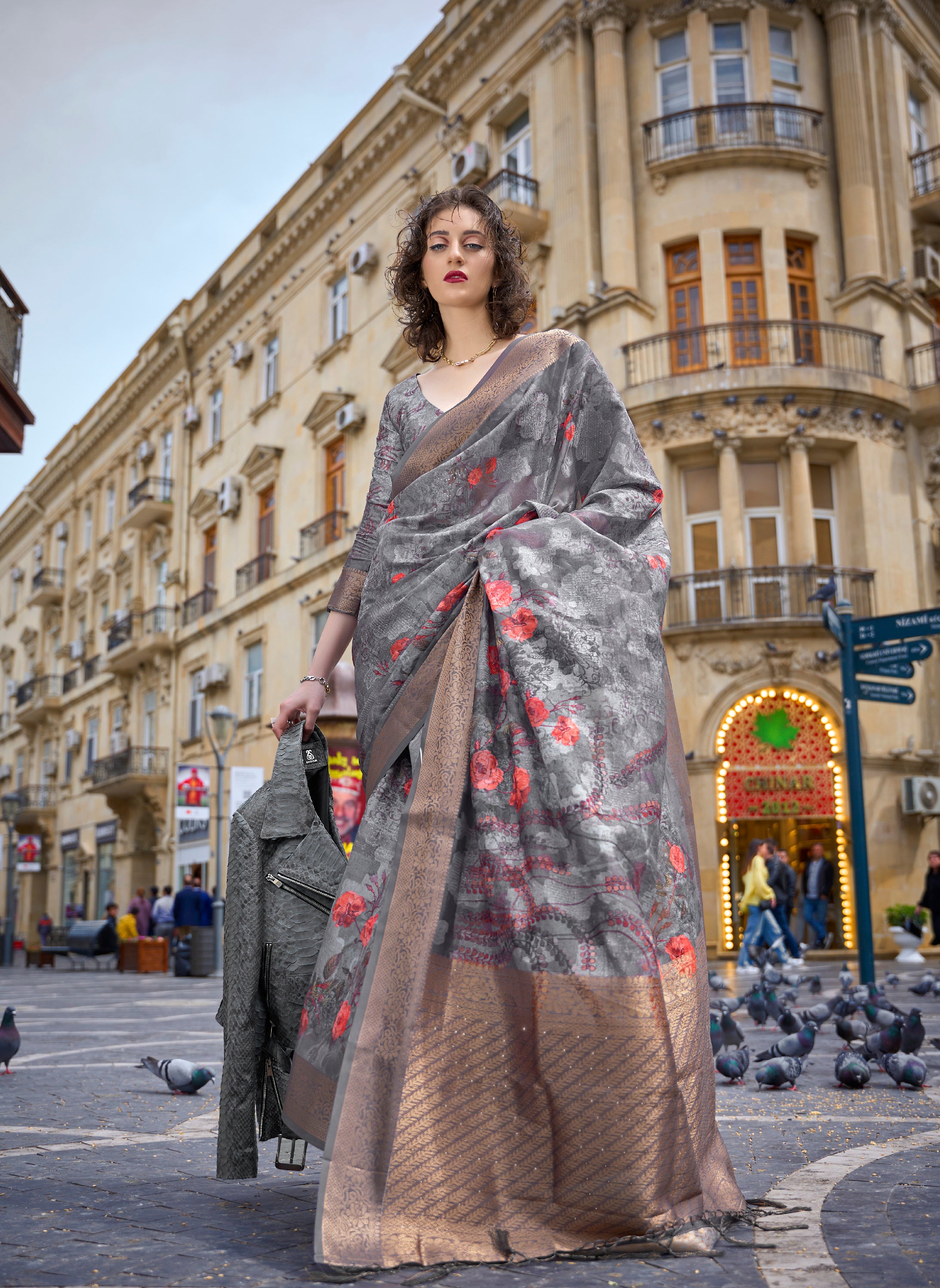 Slate Serenity Grey Handloom Poly Brasso Saree