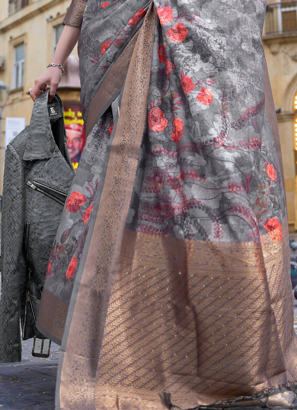 Slate Serenity Grey Handloom Poly Brasso Saree