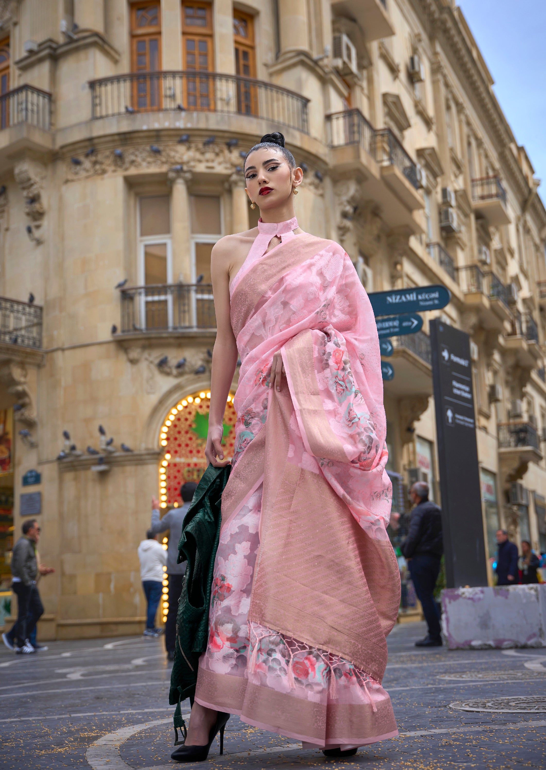 Blush Bloom Pink Handloom Poly Brasso Saree