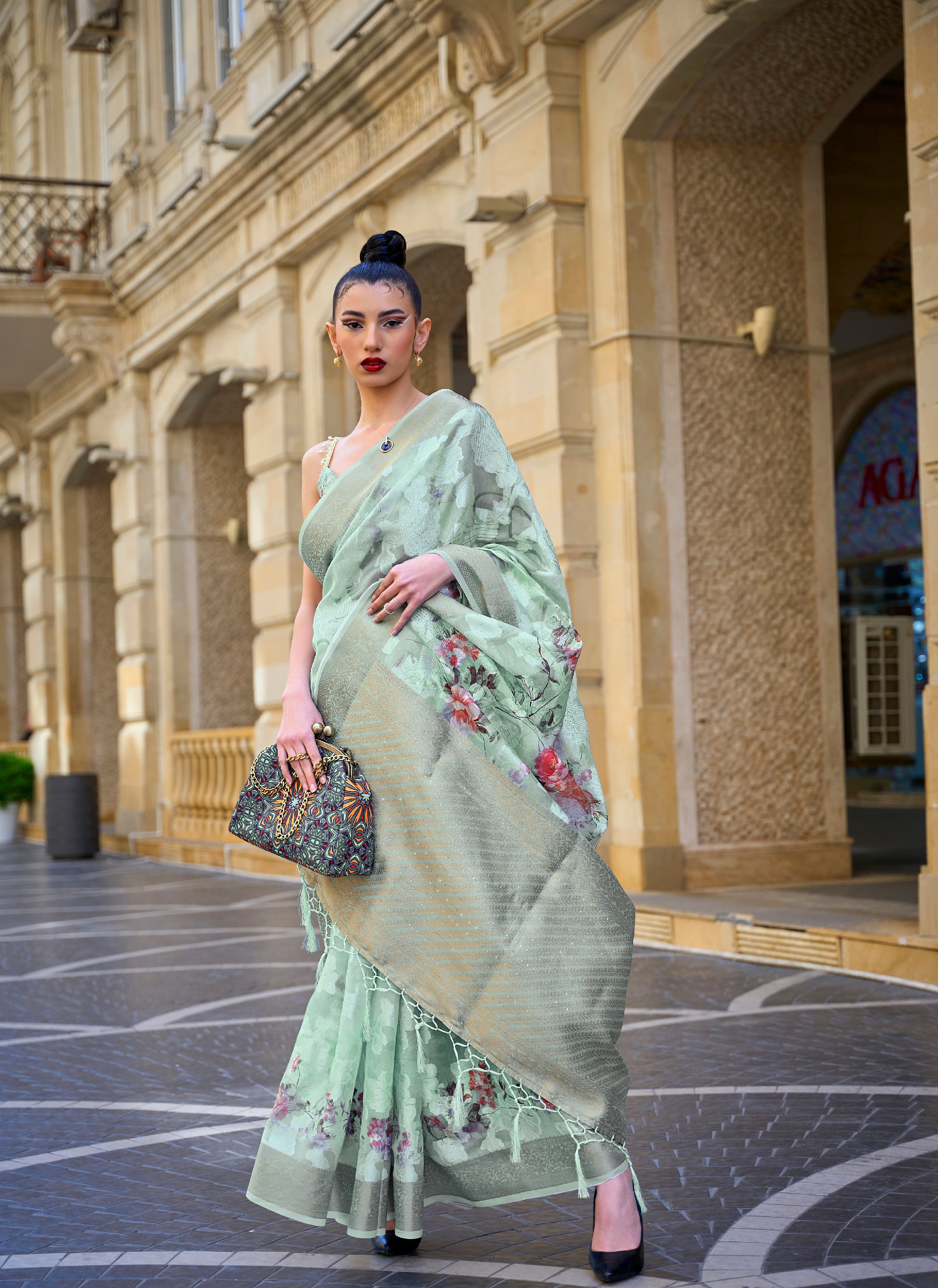 Azure Breeze Sky Green Handloom Poly Brasso Saree