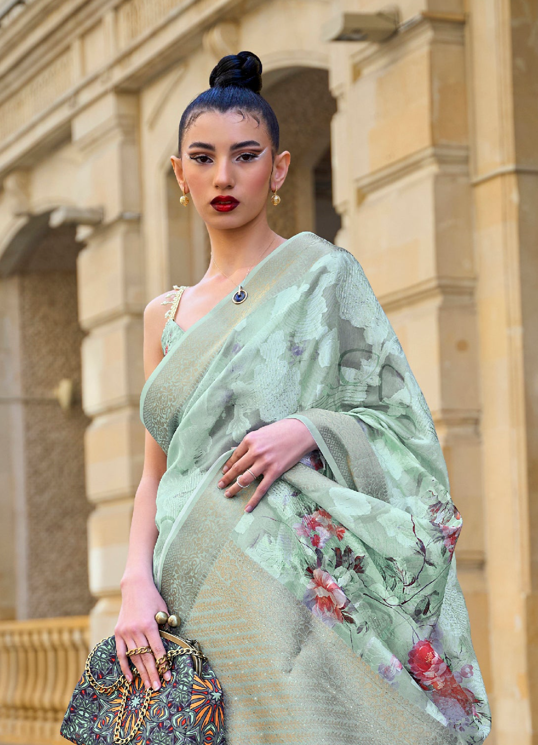 Azure Breeze Sky Green Handloom Poly Brasso Saree