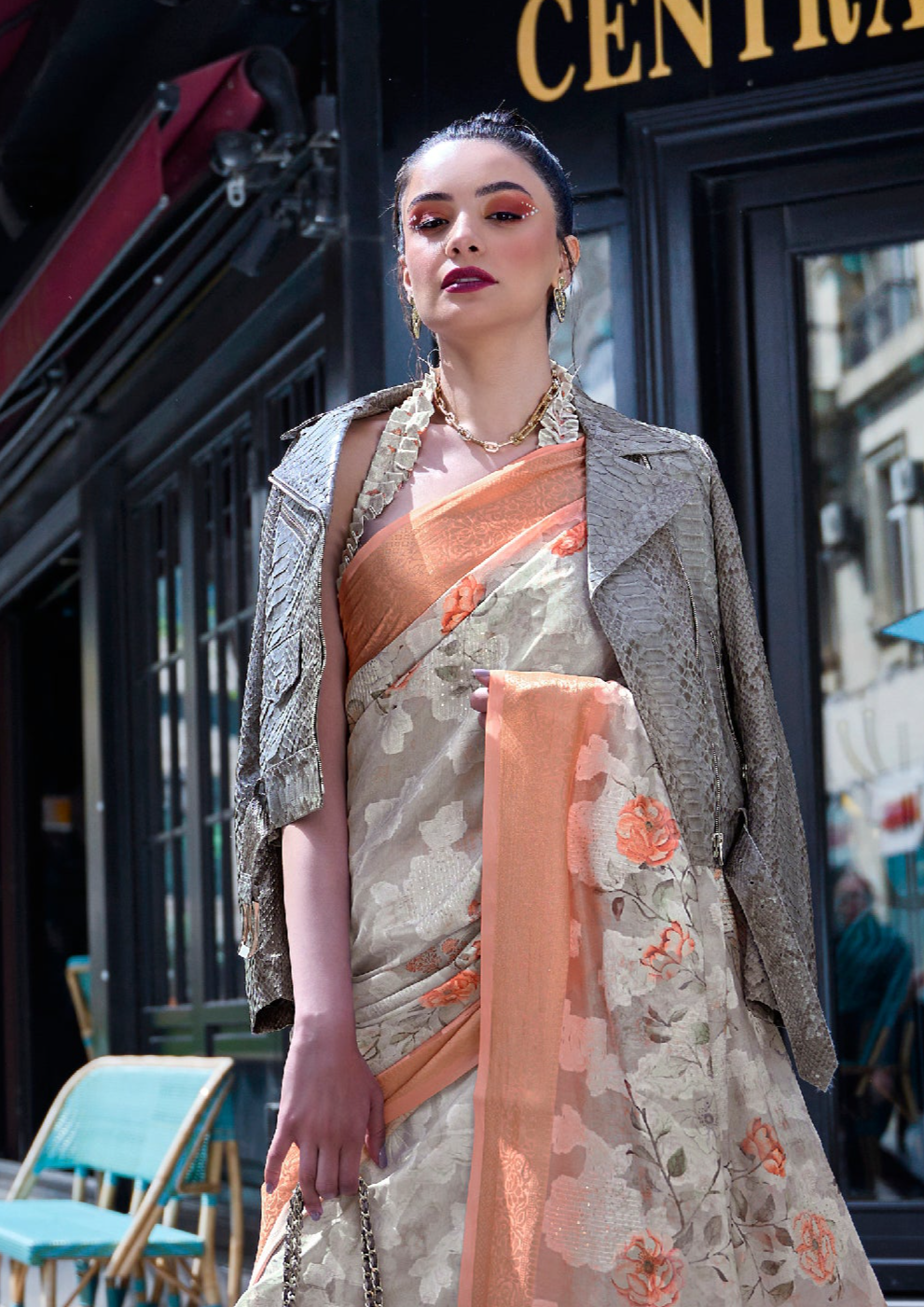 Amber Glow Light Orange Handloom Poly Brasso Saree