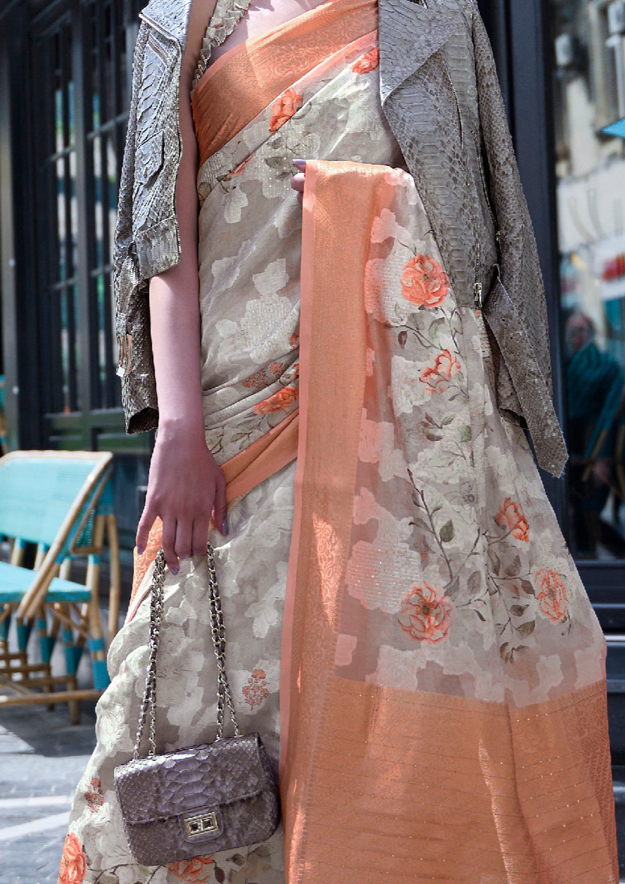 Amber Glow Light Orange Handloom Poly Brasso Saree