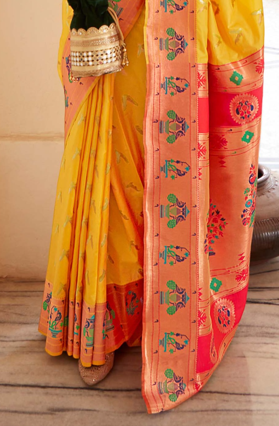 Citrusy Yellow and Pink Zari Woven Paithani Silk Saree