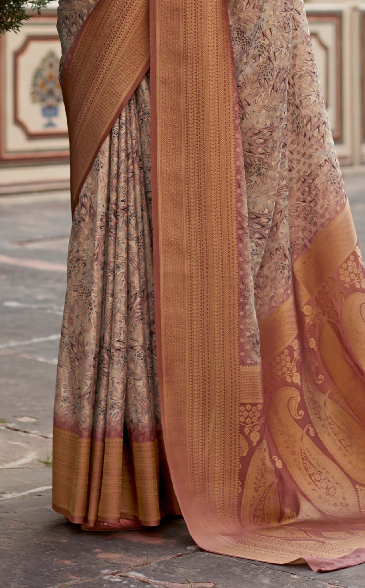 Sepia Brown Banarasi Digital Printed Silk Saree