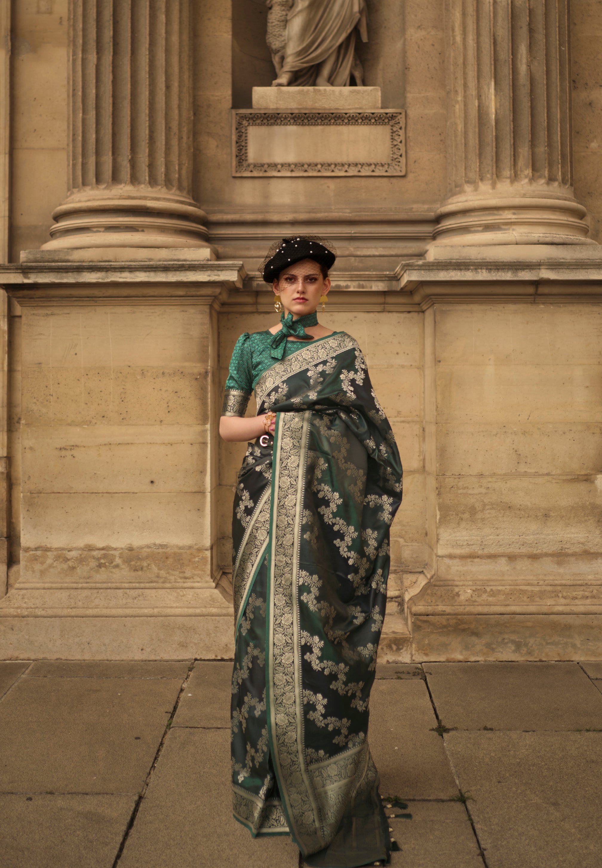 Stunning Dark Green Banarasi Handloom Rangkat Weaving Saree