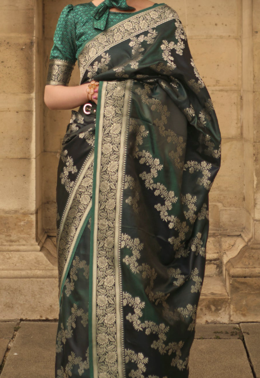 Stunning Dark Green Banarasi Handloom Rangkat Weaving Saree