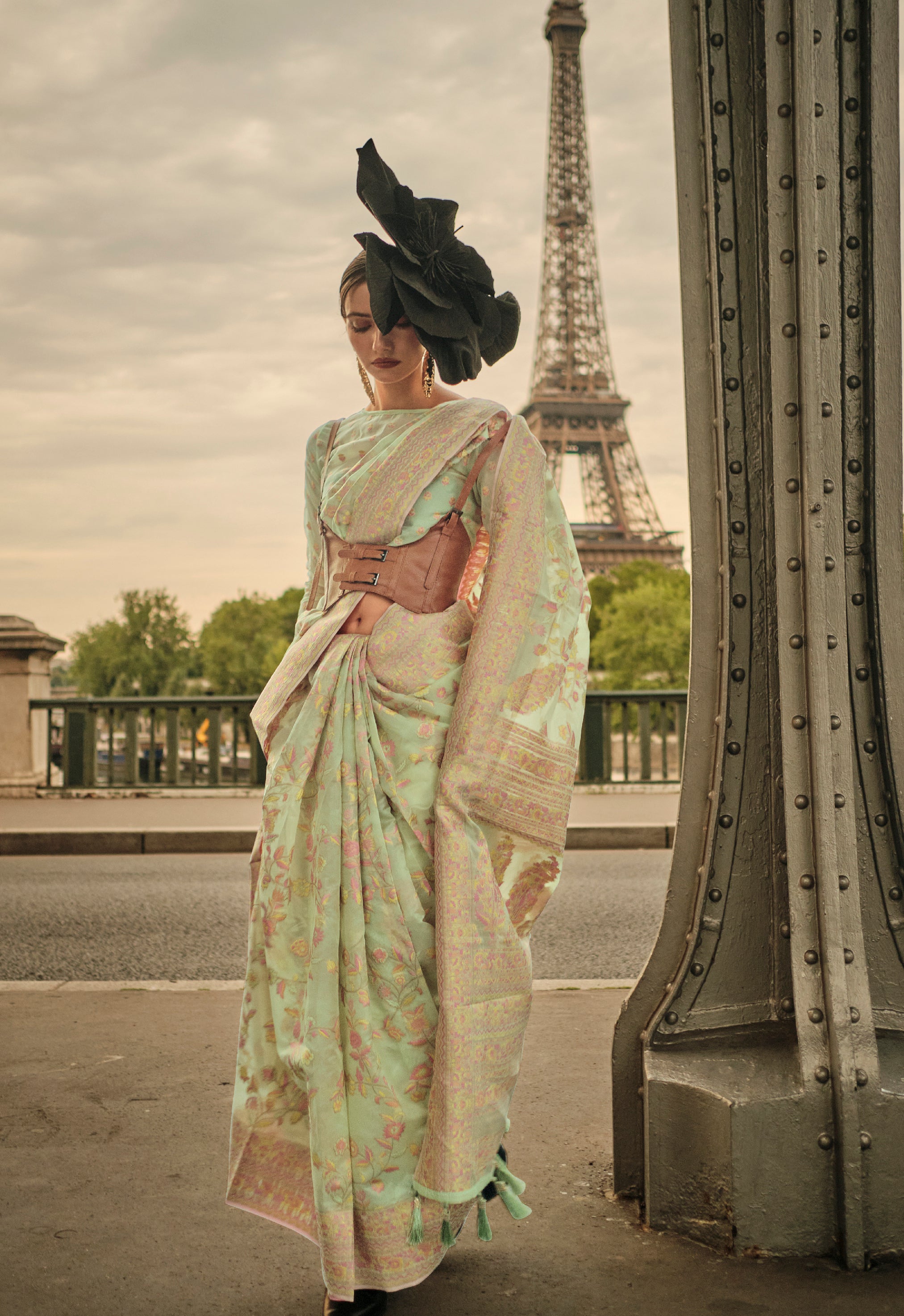 Serene Mint Green Kashmiri Organza Handloom Saree