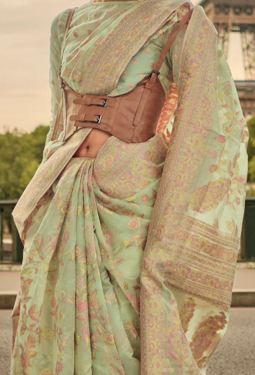 Serene Mint Green Kashmiri Organza Handloom Saree