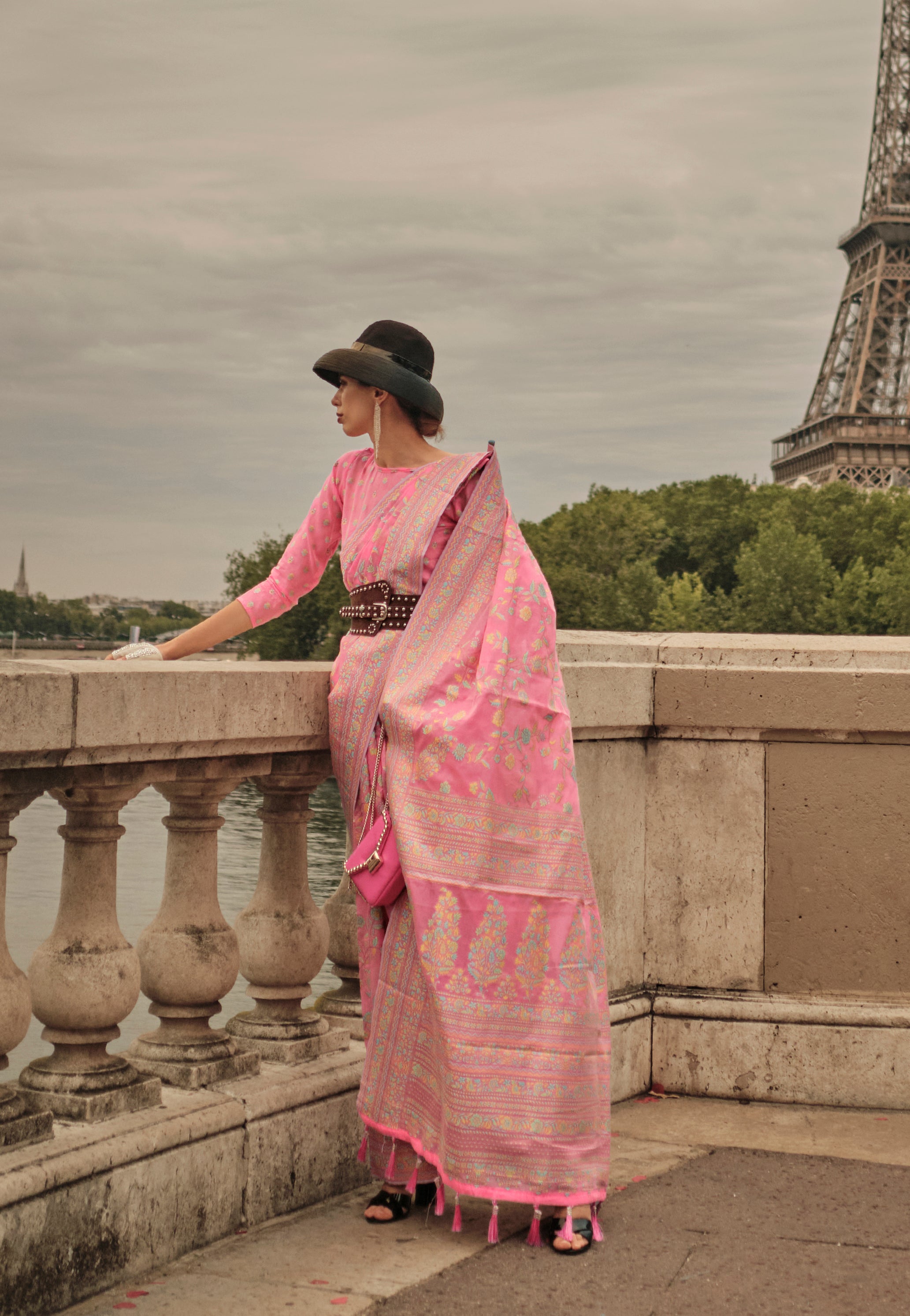 Charming Pink Kashmiri Organza Handloom Saree