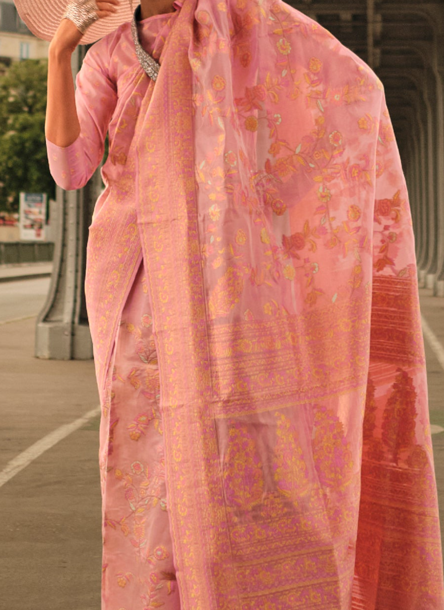 Elegant Peach Kashmiri Organza Handloom Saree