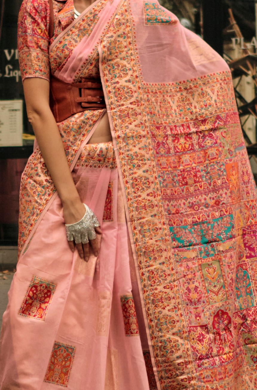 Graceful Peach Kashmiri Jamewar Handloom Saree