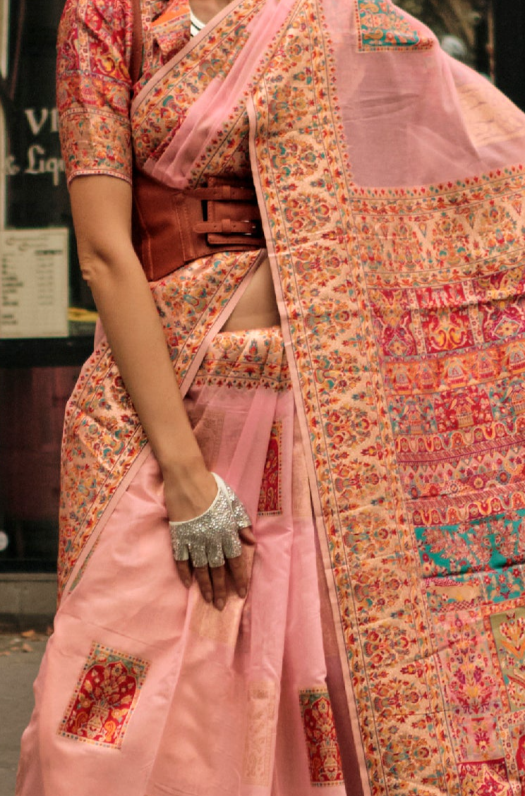 Graceful Peach Kashmiri Jamewar Handloom Saree