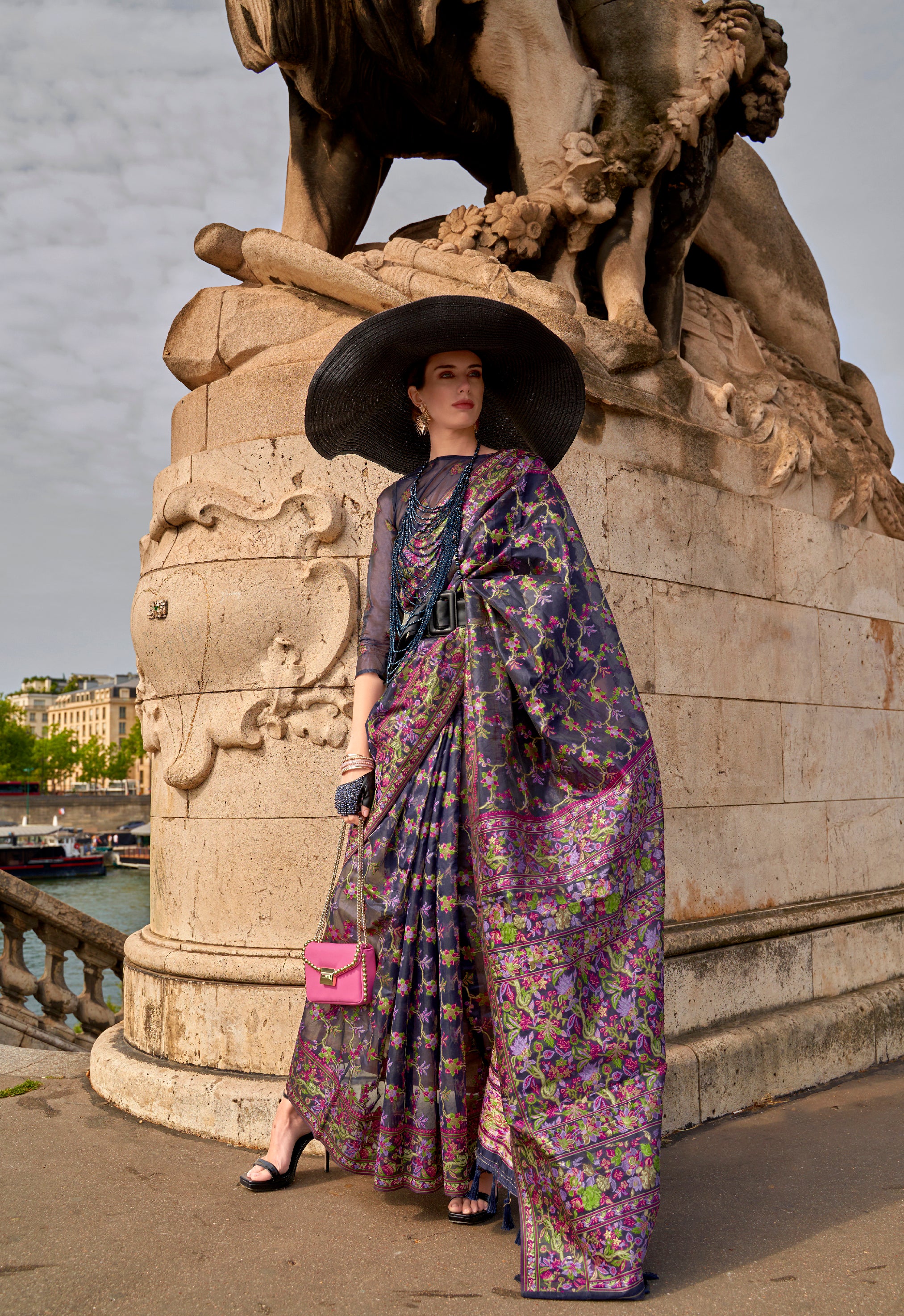 Charming Light Purple Organza Handloom Parsi Saree