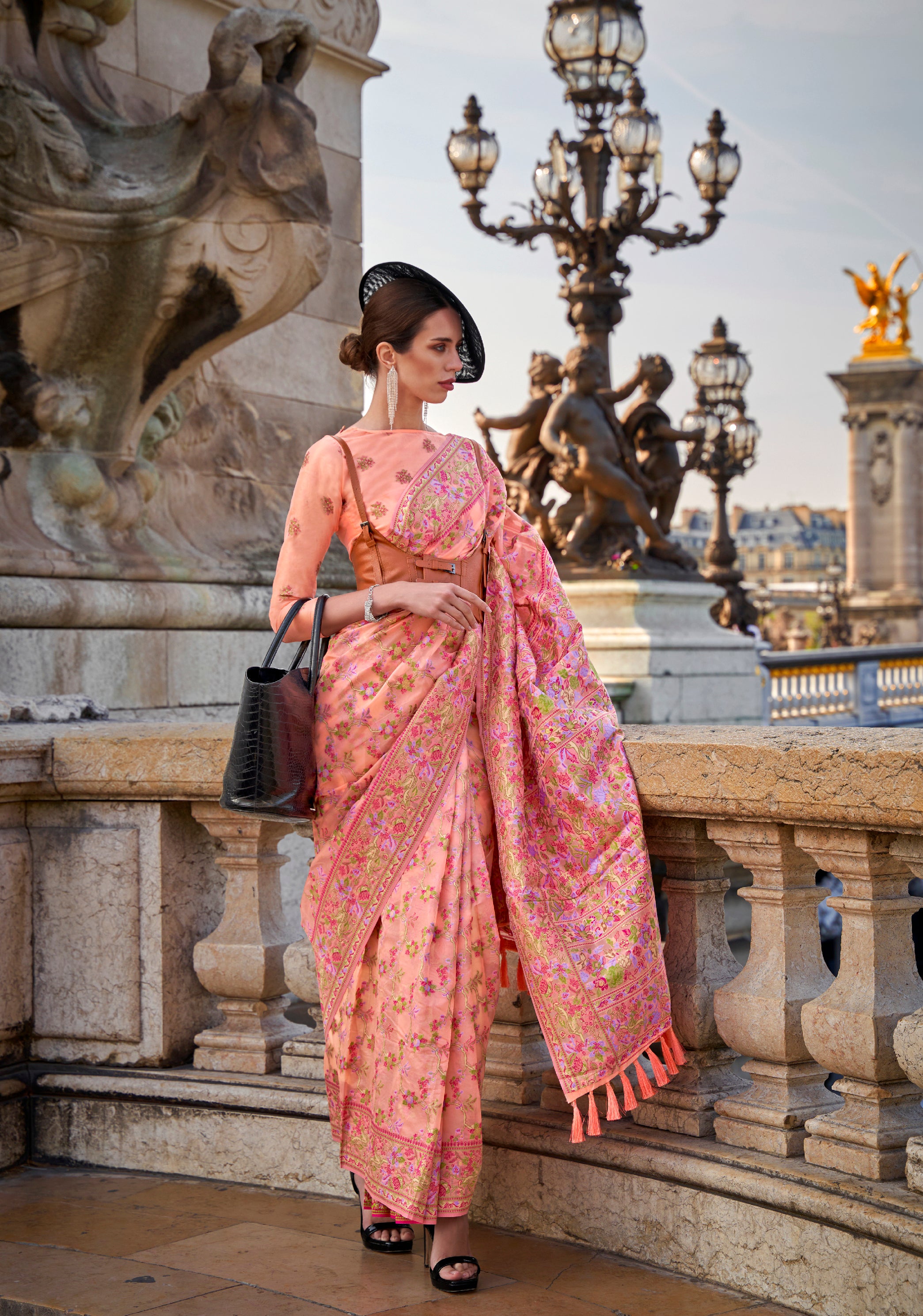 Opulence Peach Organza Handloom Parsi Saree